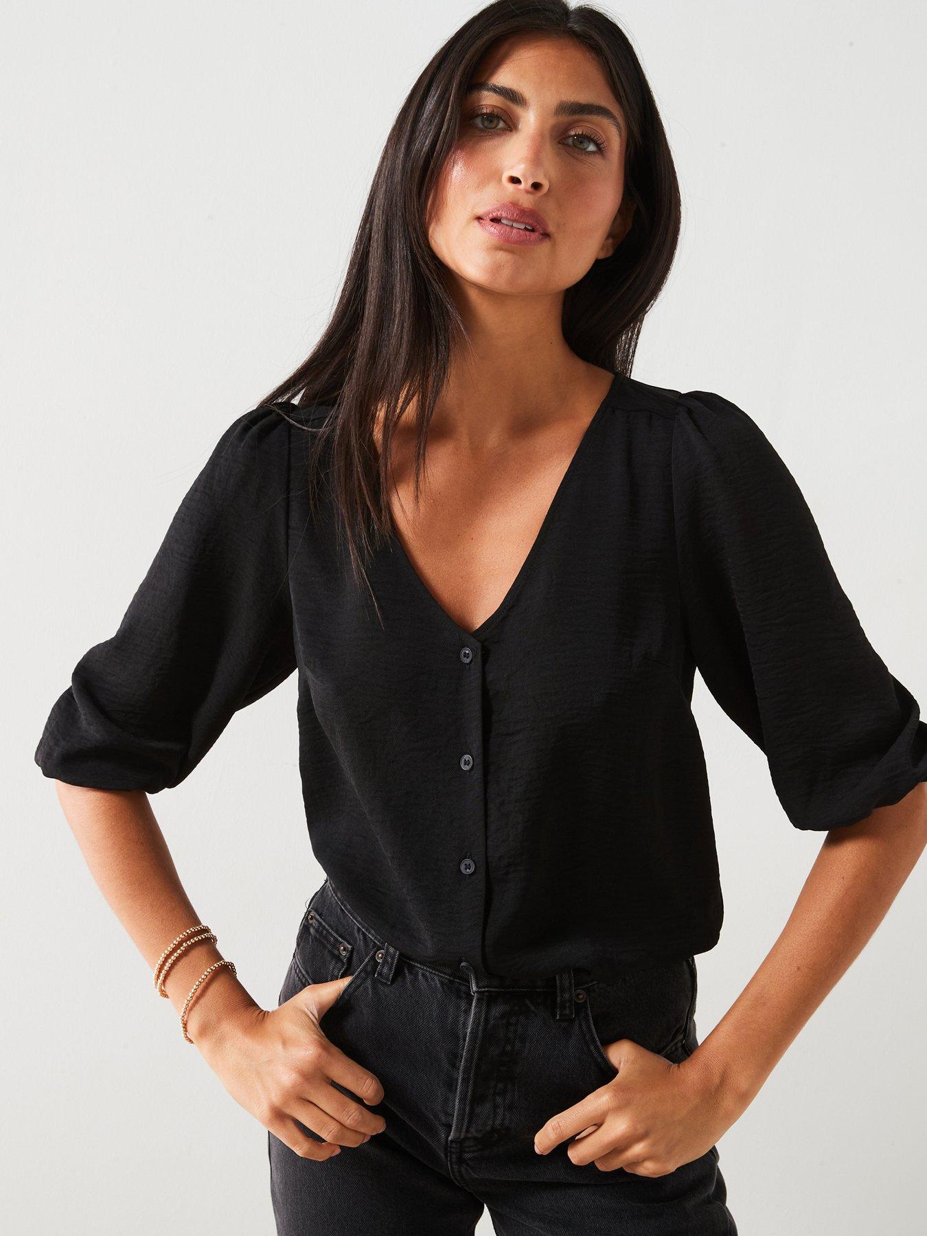 everyday-button-through-puff-sleeve-blouse-black