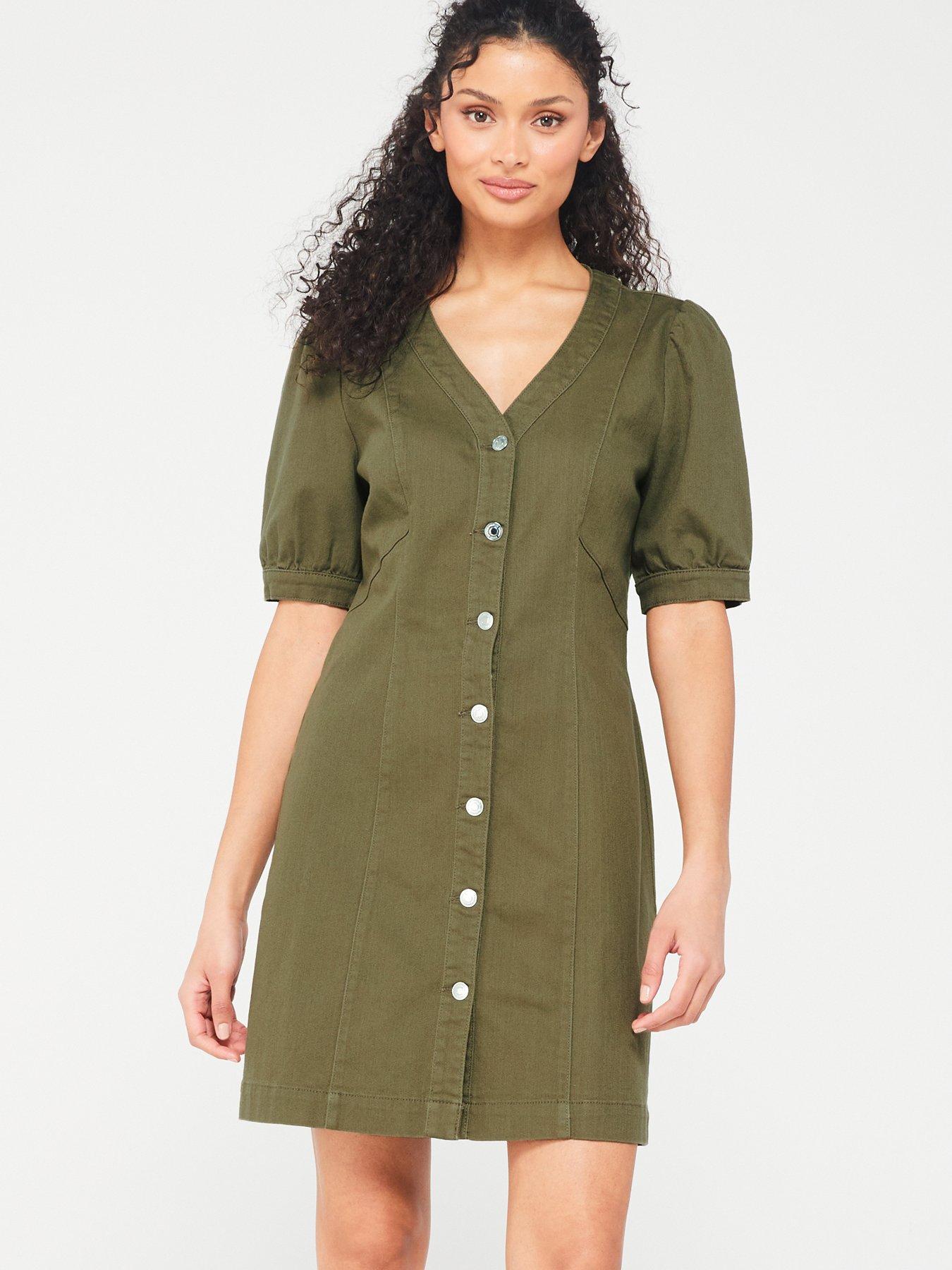 vero-moda-button-down-puff-sleeve-mini-dress-khaki