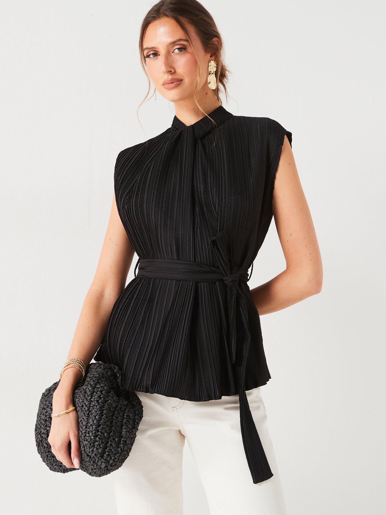 v-by-very-plisse-tie-waist-blouse-blackfront