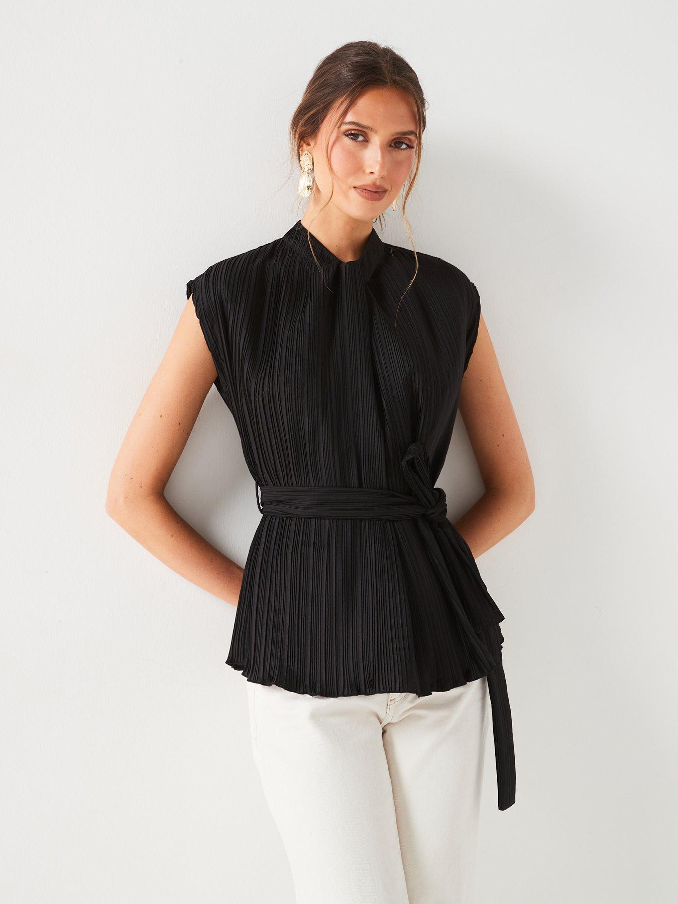 v-by-very-plisse-tie-waist-blouse-blackdetail