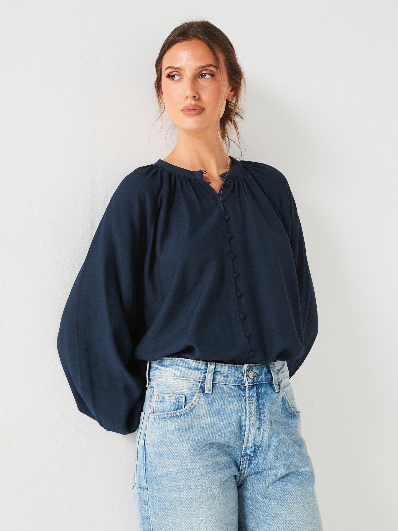 v-by-very-textured-balloon-sleevenbspblouse-navy