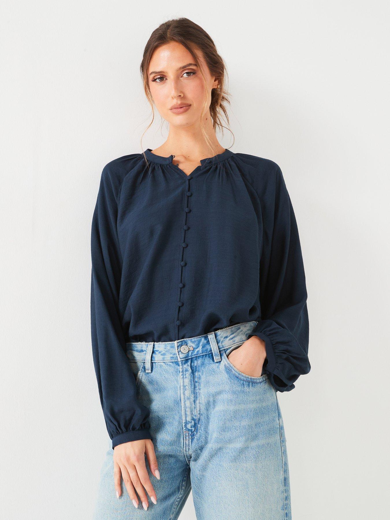 v-by-very-textured-balloon-sleevenbspblouse-navyoutfit