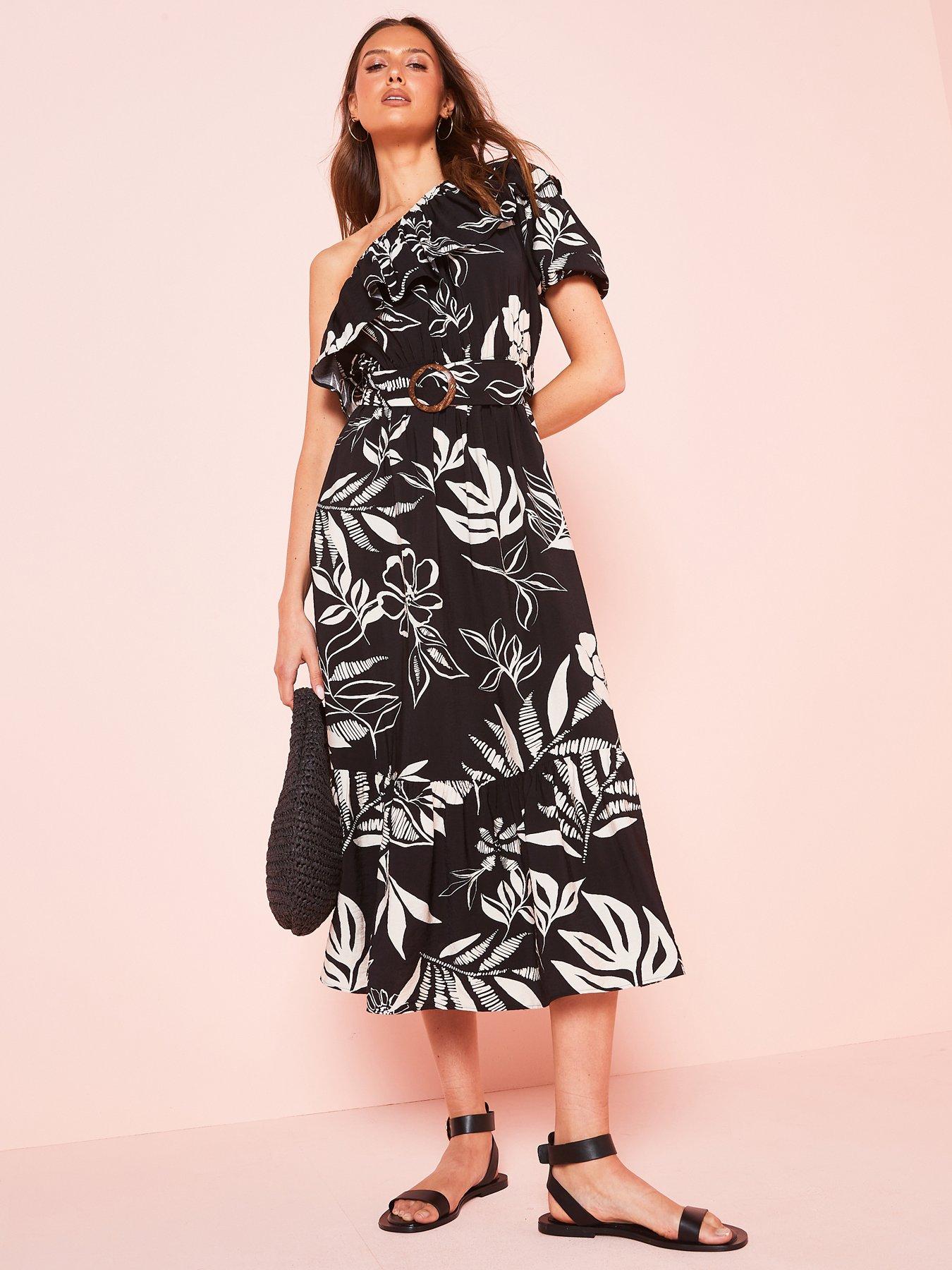 Image of V by Very Printed One Shoulder Frill Midi Dress - Black/White