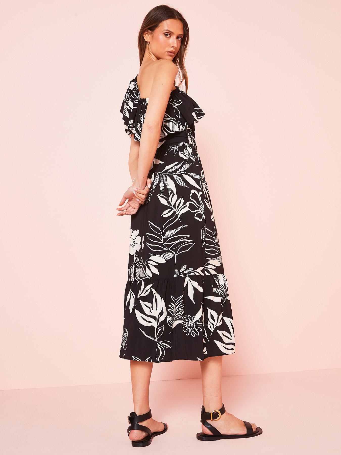 v-by-very-printednbspone-shoulder-frill-midi-dress-blackwhitestillFront