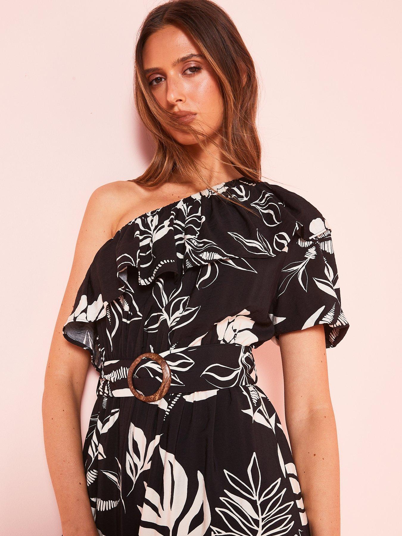 v-by-very-printednbspone-shoulder-frill-midi-dress-blackwhiteoutfit