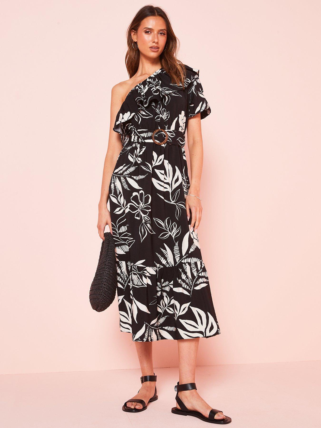 v-by-very-printednbspone-shoulder-frill-midi-dress-blackwhitedetail