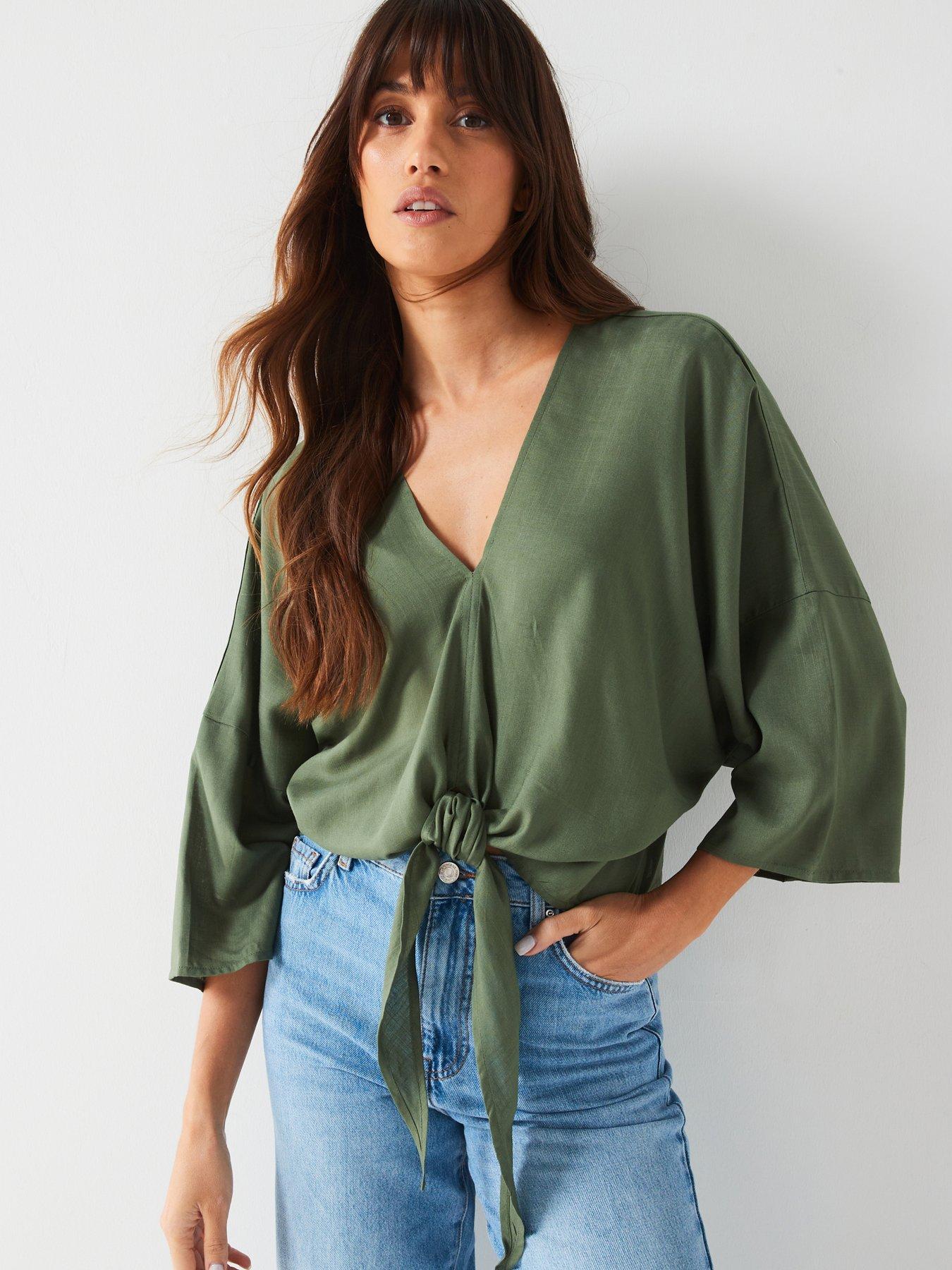 v-by-very-tie-front-textured-blouse-green