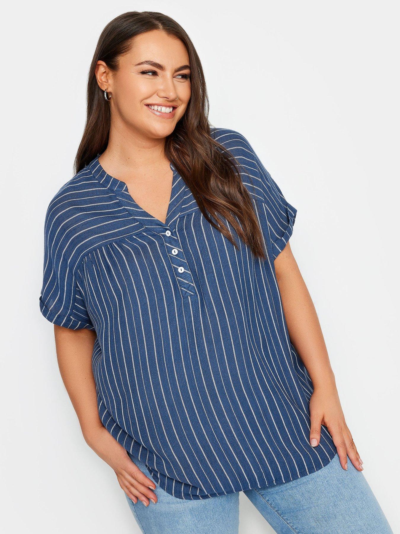 yours-stripe-notch-neck-blouse-blue