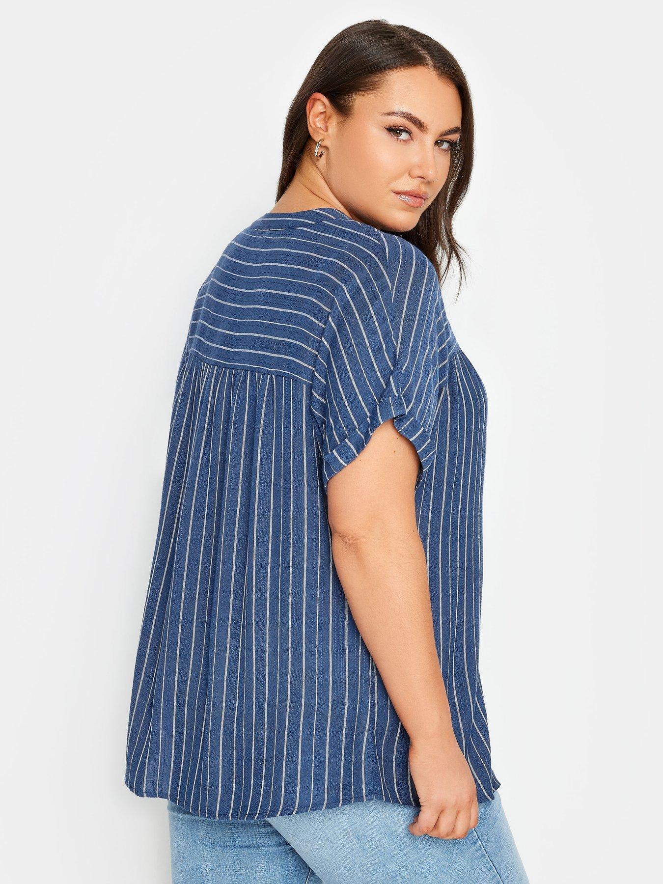 yours-stripe-notch-neck-blouse-bluestillFront