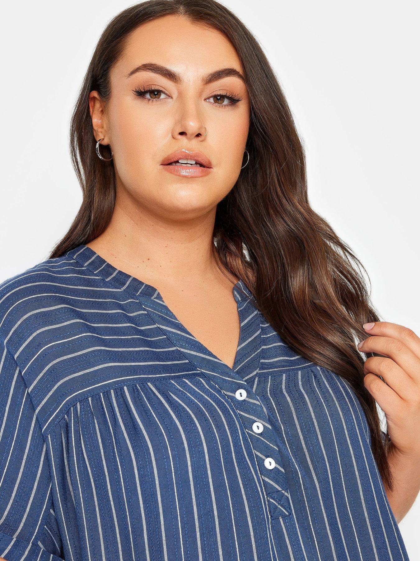 yours-stripe-notch-neck-blouse-blueoutfit