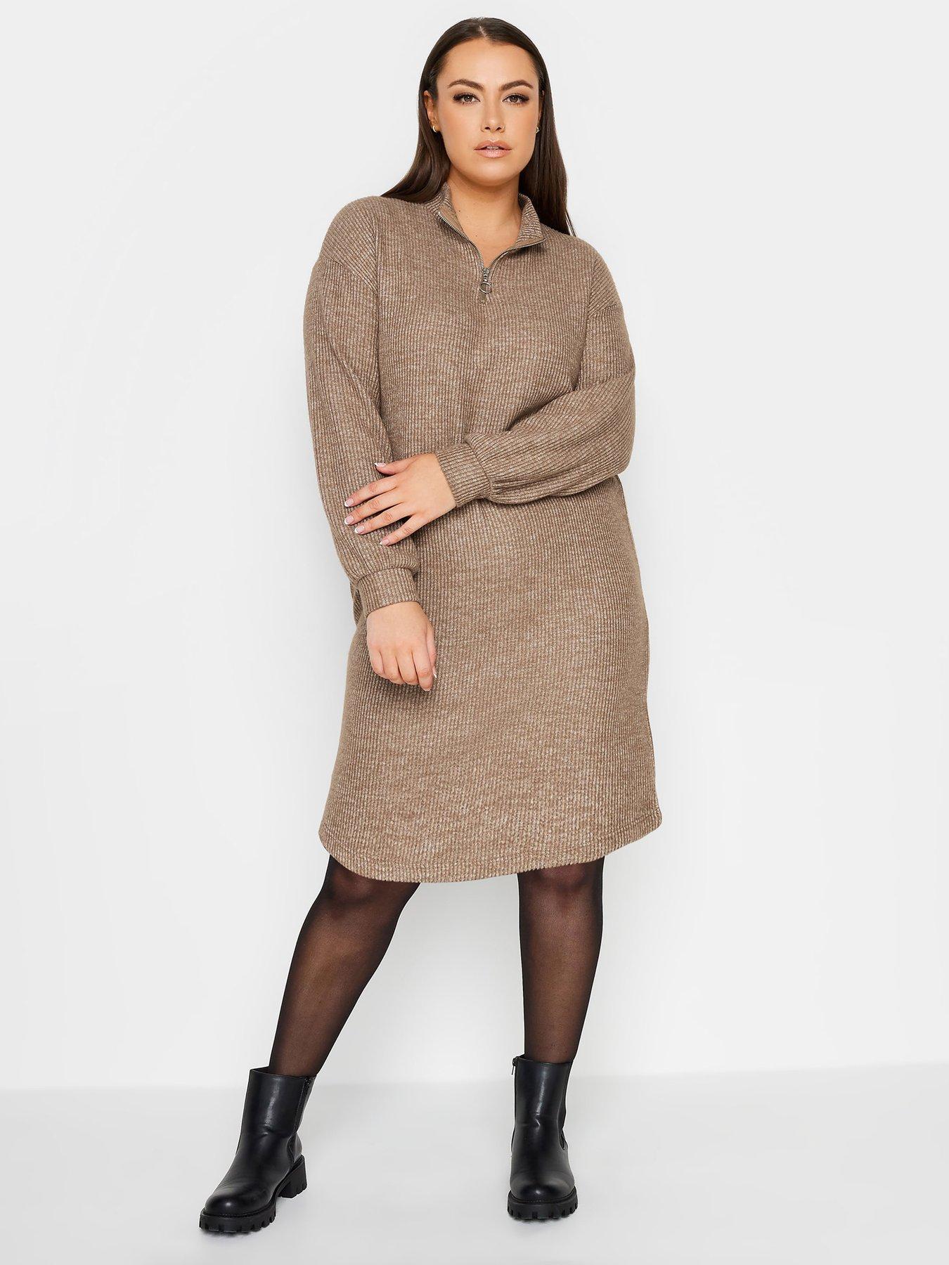 yours-soft-touch-rib-half-zip-midi-dress-brown