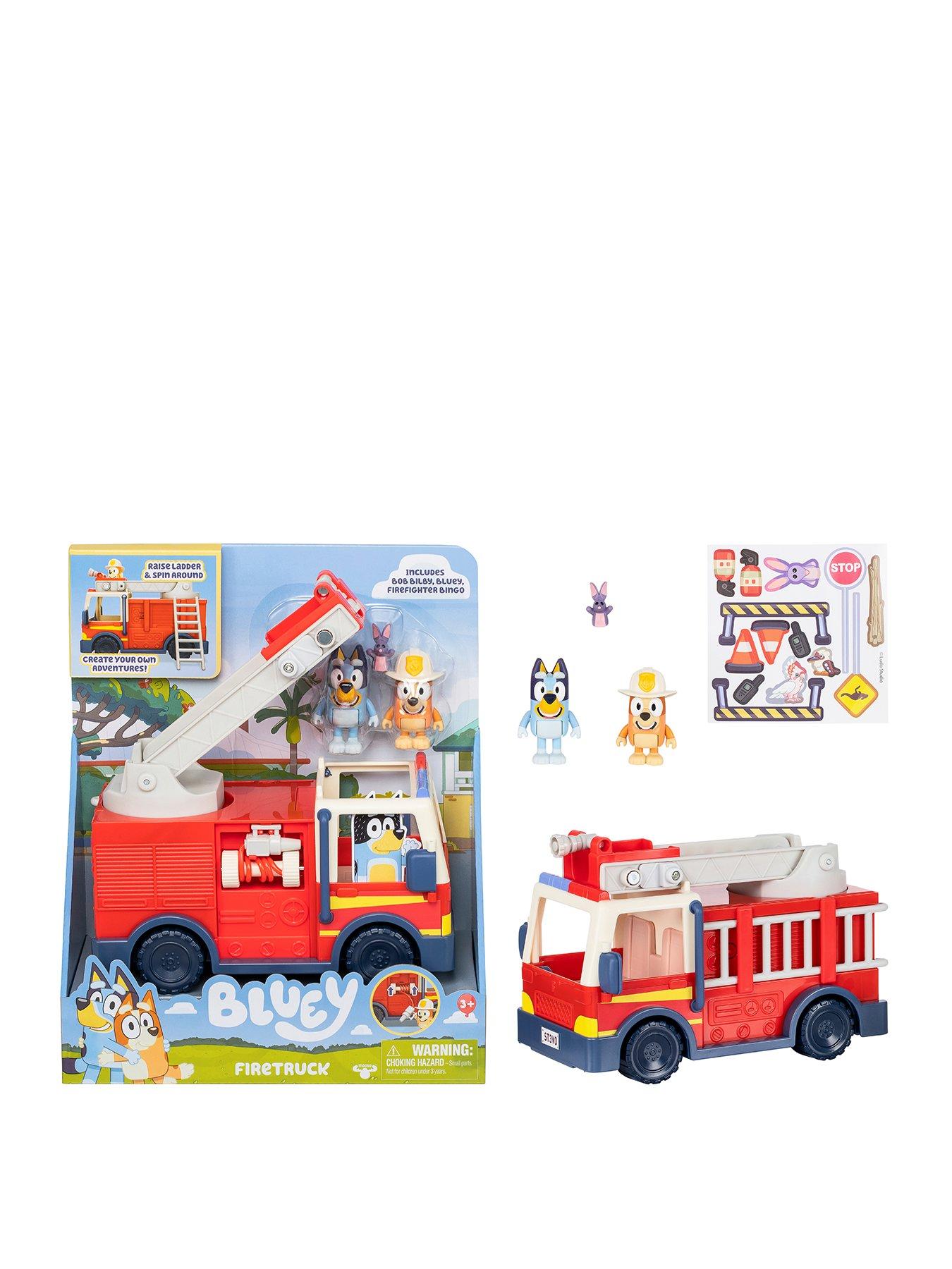 undefined Bluey Firetruck incl Bob Bilby, Bluey and Firefighter Bingo Raise Ladder  &  Spin, Retractable Hose, Bingo fits on top of Ladder, Inc Sticker Sheet