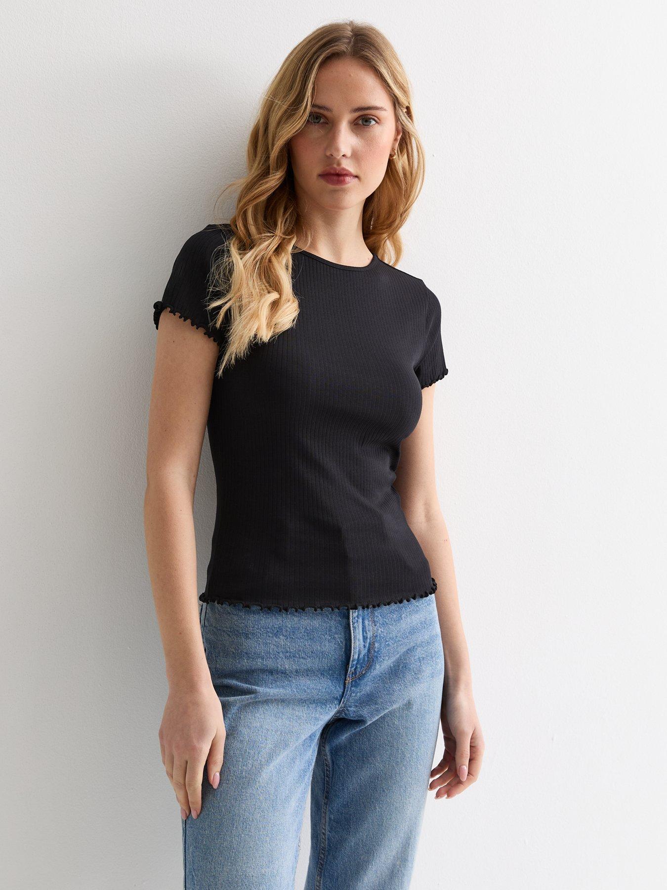 new-look-frill-sleeve-t-shirt-blackfront