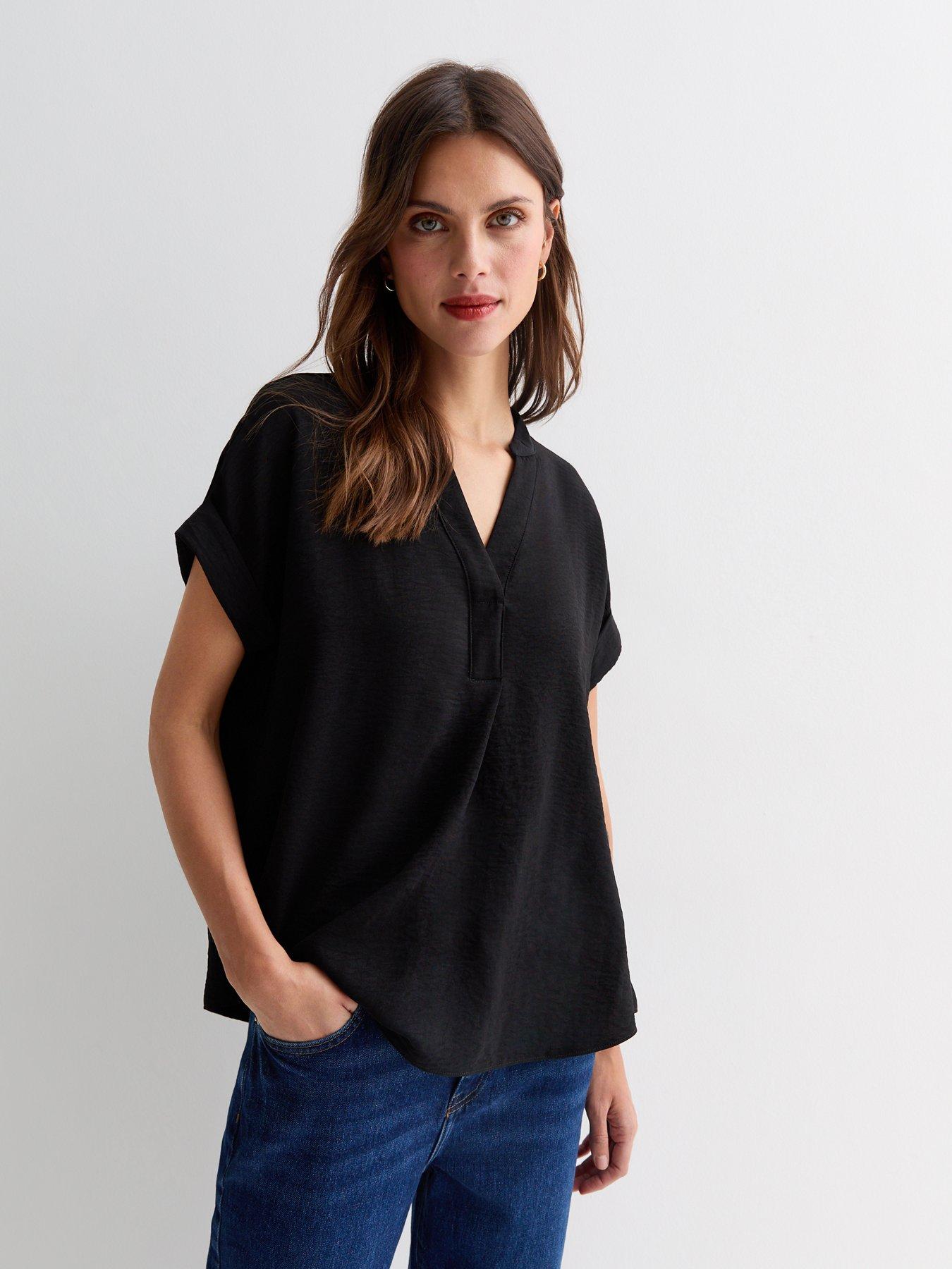 new-look-v-neck-roll-sleeve-top-blackfront