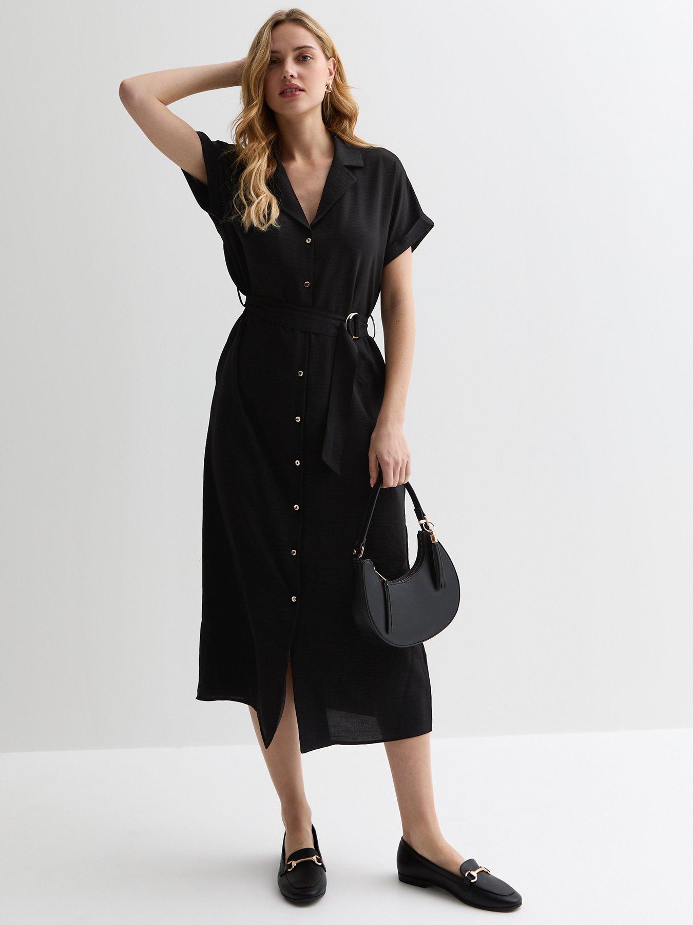 new-look-black-short-sleeve-midi-shirt-dressfront