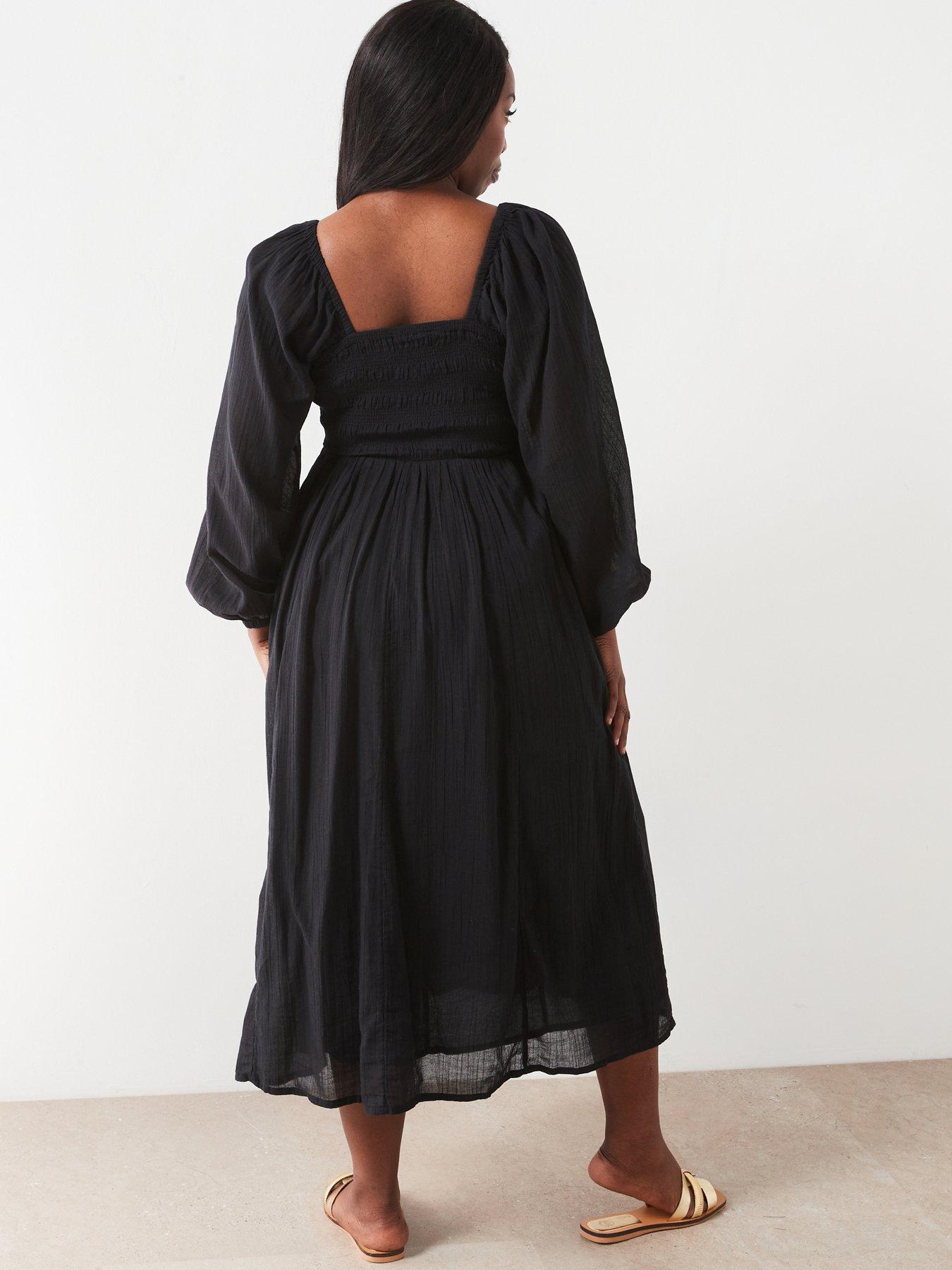 v-by-very-curve-shirred-bust-volume-sleeve-midi-dress-blackstillFront