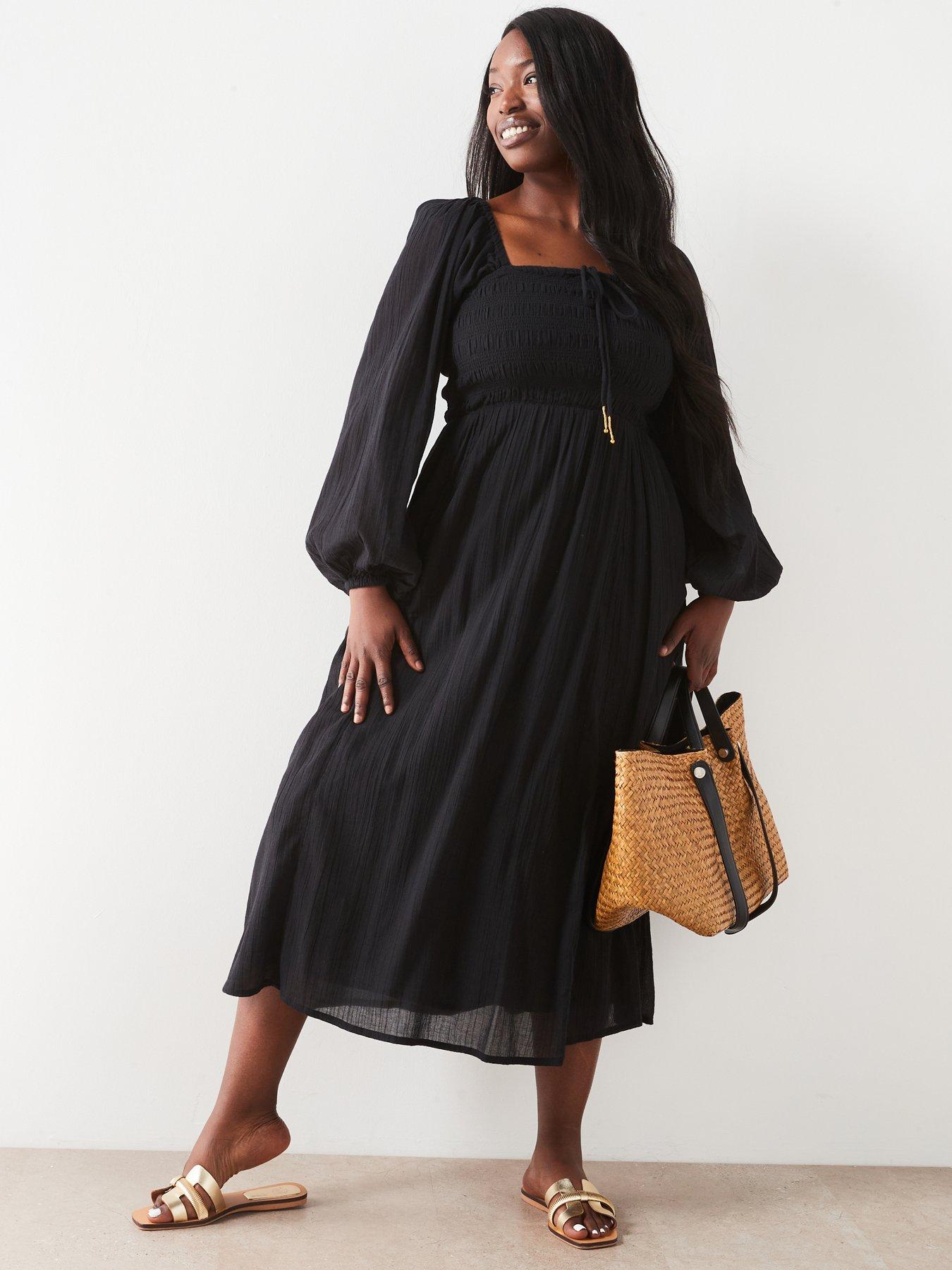 v-by-very-curve-shirred-bust-volume-sleeve-midi-dress-blackback