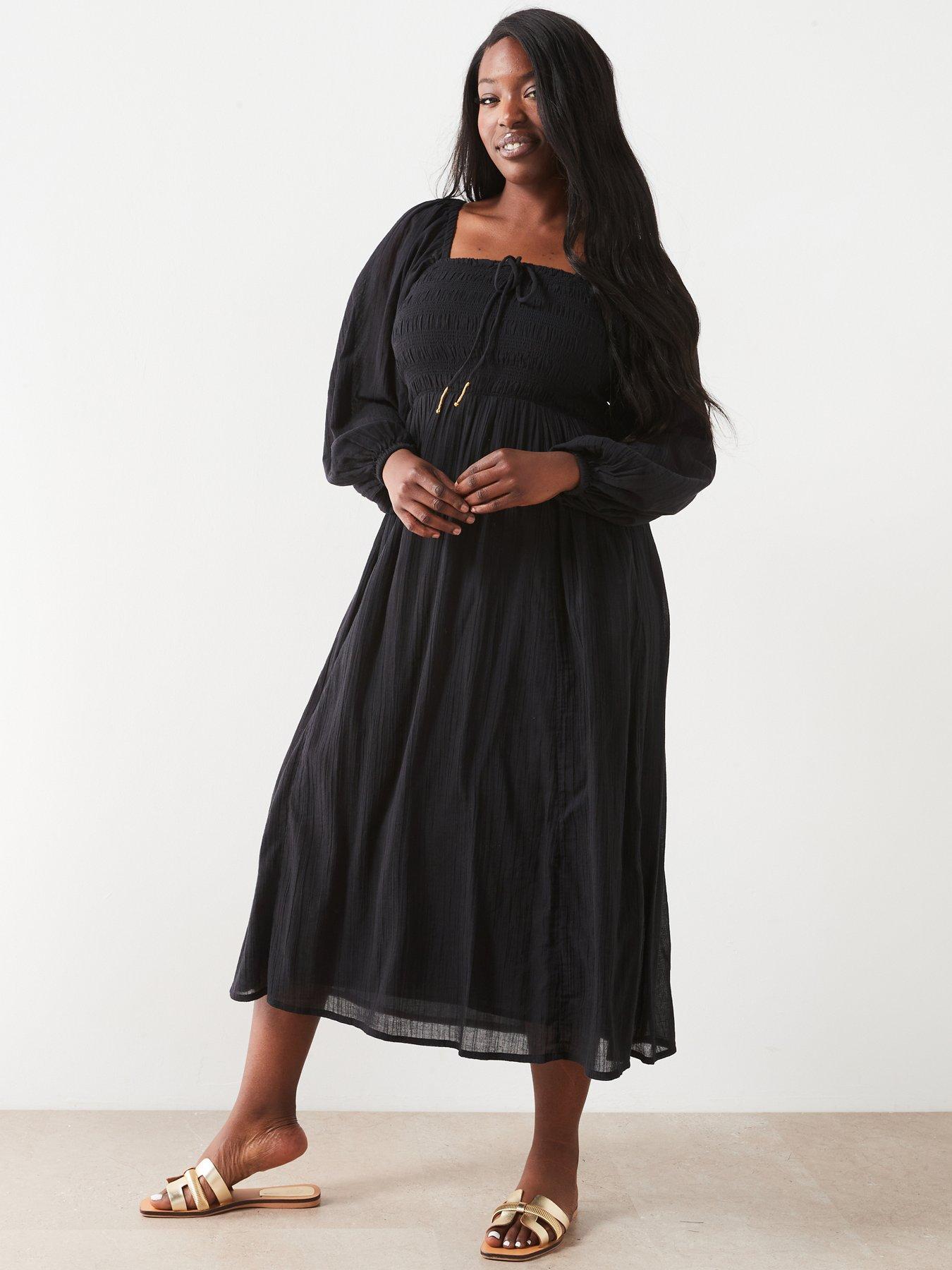 v-by-very-curve-shirred-bust-volume-sleeve-midi-dress-blackdetail