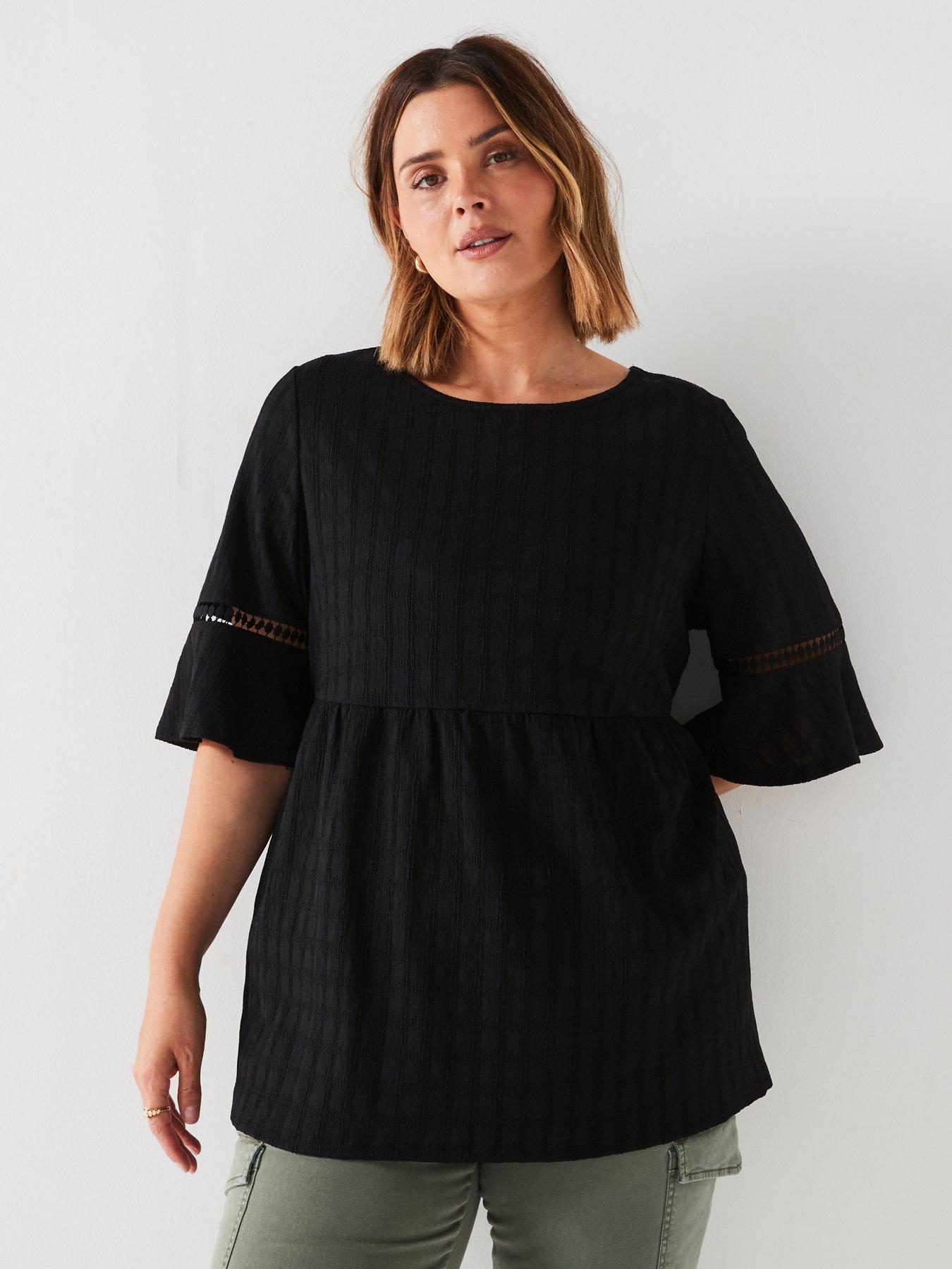 v-by-very-curve-lace-trim-fluted-sleeve-peplum-top-blackfront