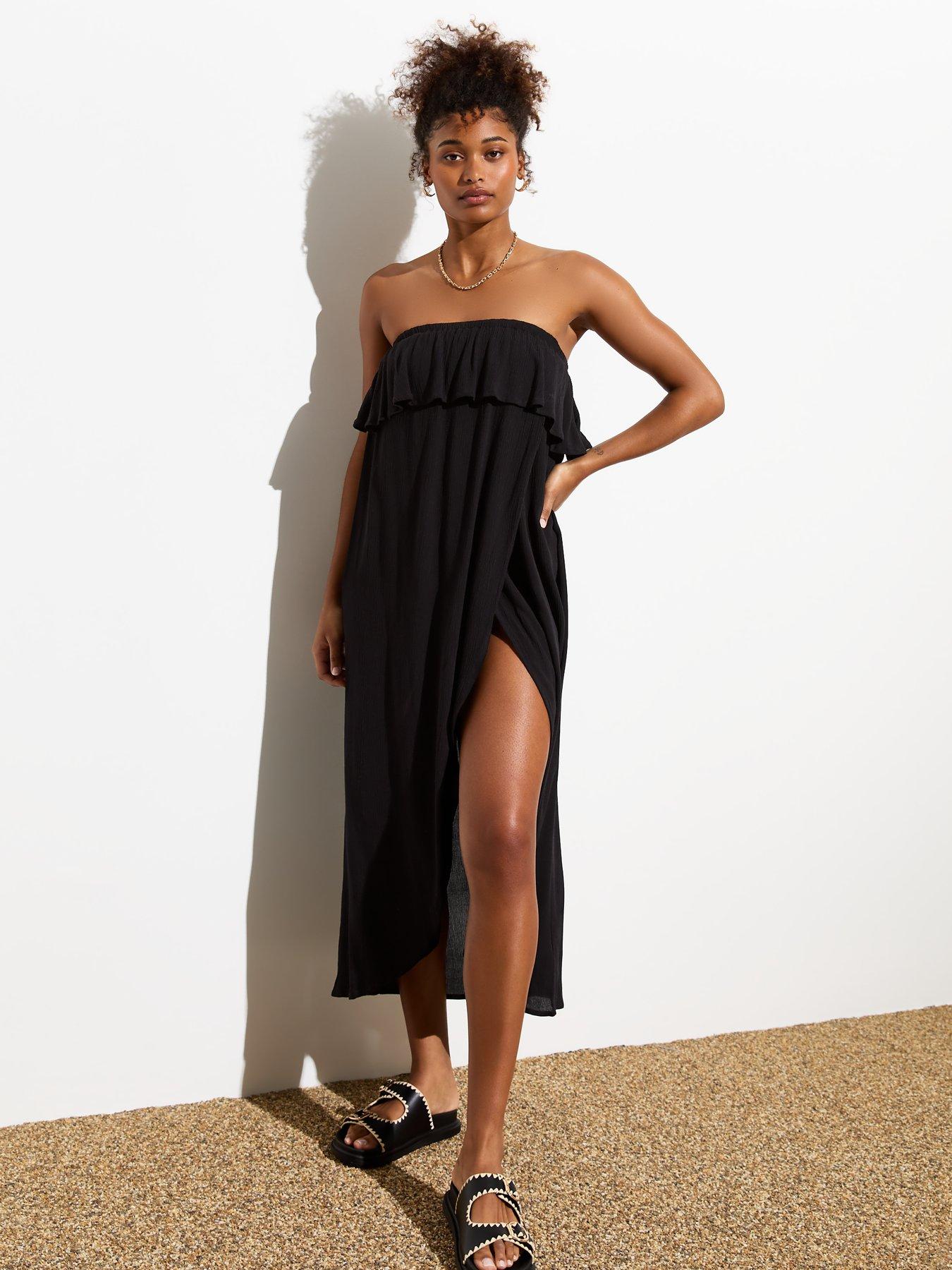 Black Bandeau Ruffle Maxi Beach Dress