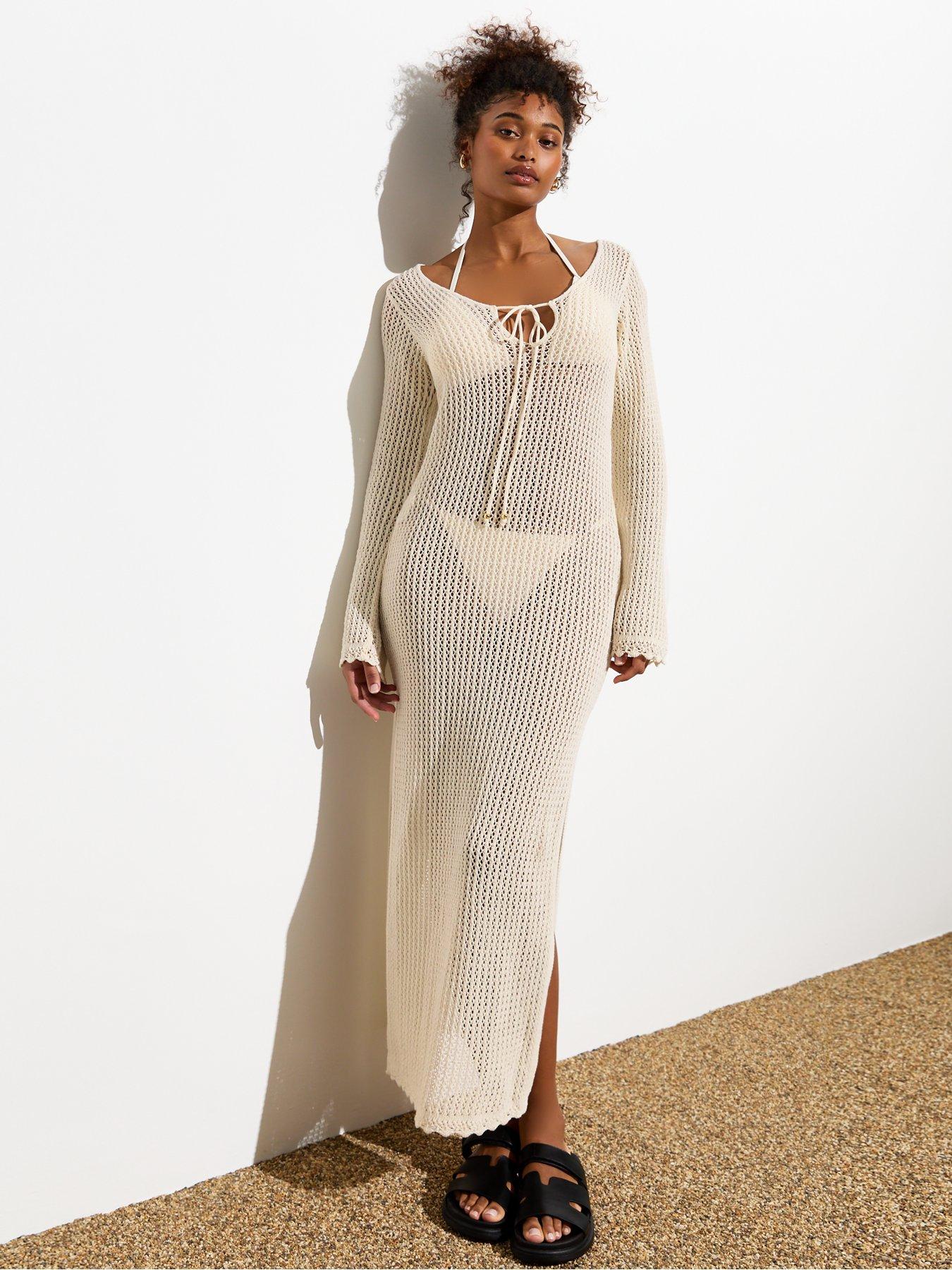 New Look Cream Crochet Knit Long Sleeve Split Hem Maxi Dress Very Ireland