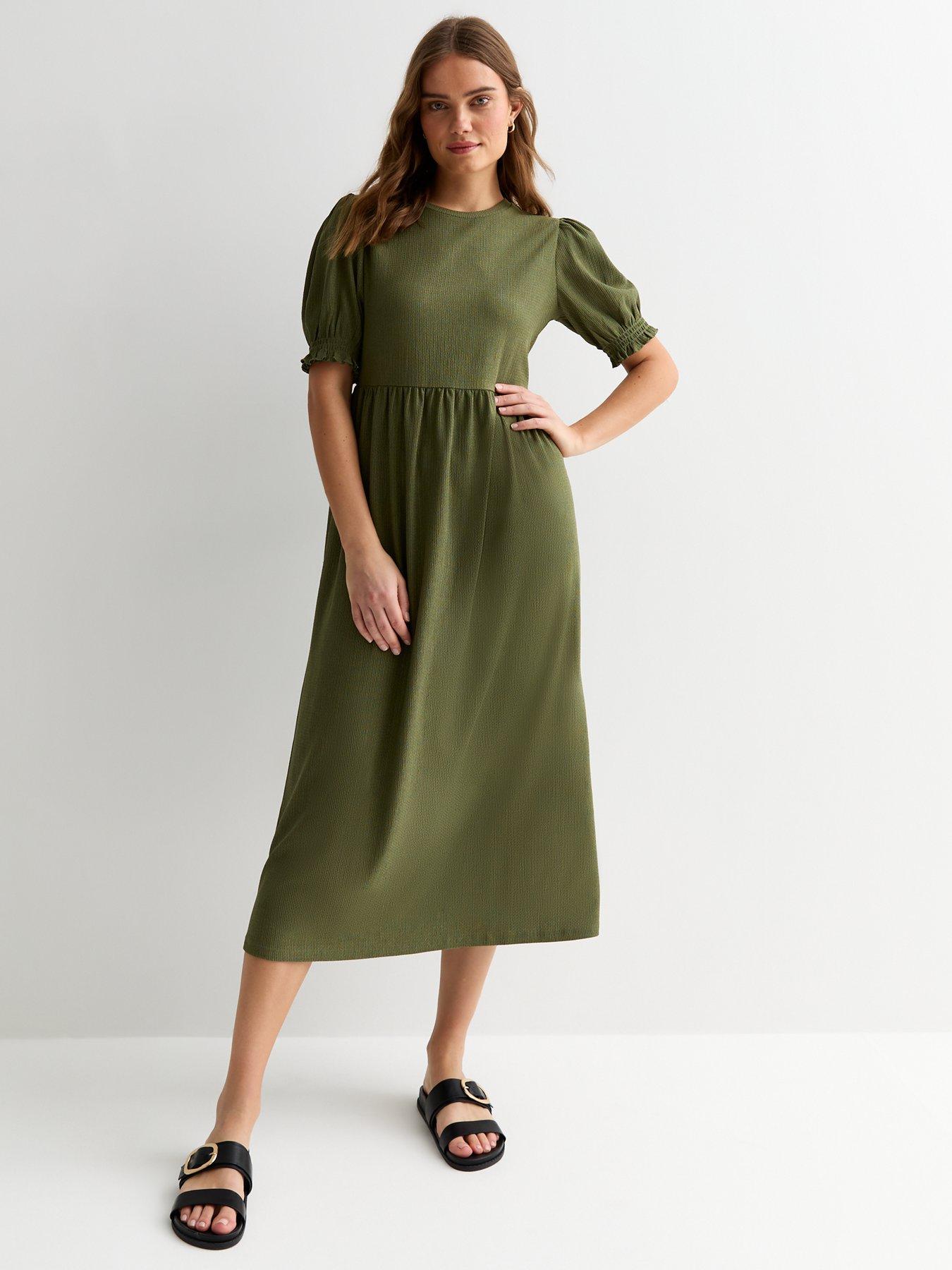 New Look Khaki Crinkle Short Sleeve Midi Smock Dress | Very Ireland