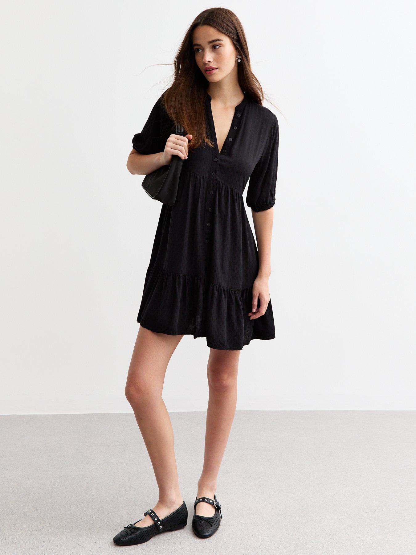 new-look-black-button-through-textured-mini-smock-dress