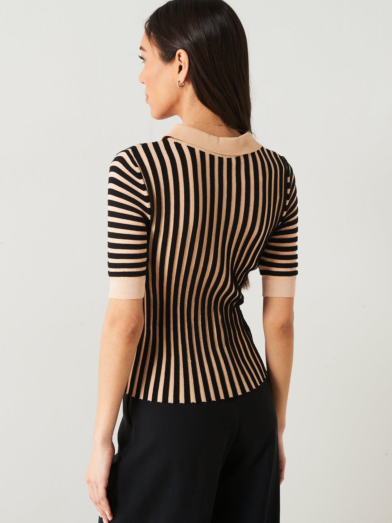 mango-striped-polo-neck-short-sleeve-jumper-blackbeigestillFront