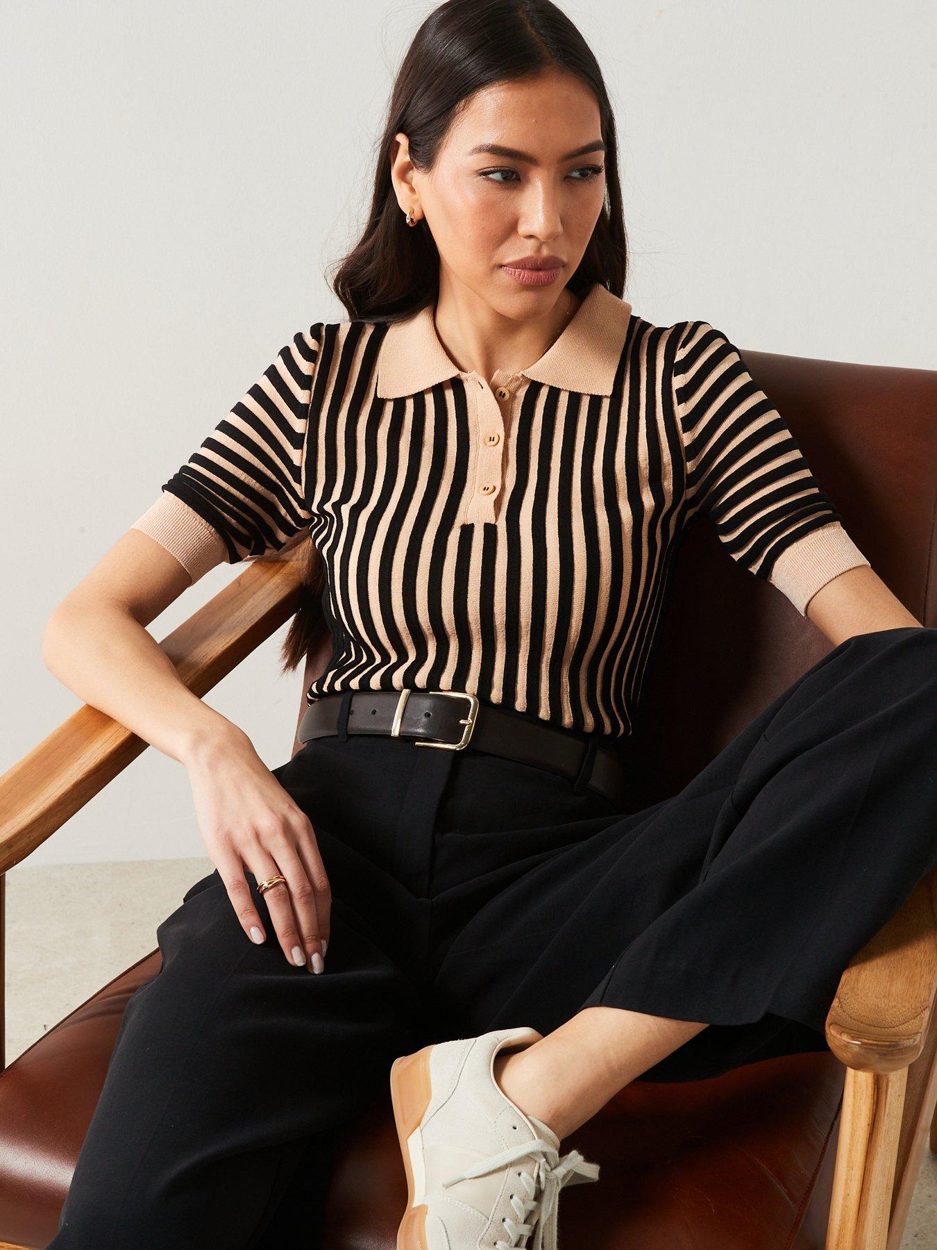 mango-striped-polo-neck-short-sleeve-jumper-blackbeigeoutfit