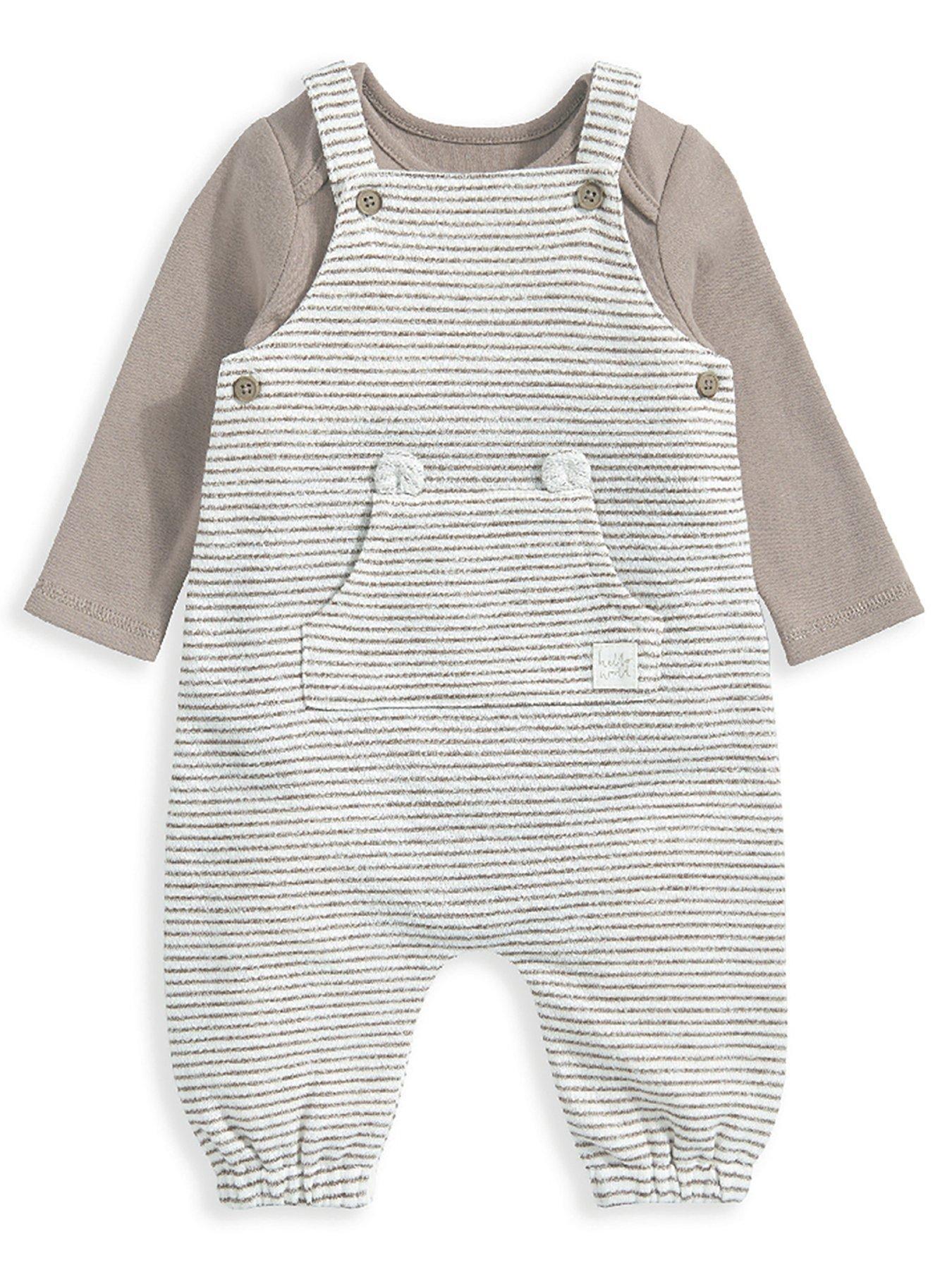 Image 1 of 5 of Mamas & Papas Baby Unisex 2 Piece Stripe Dungaree Set - Brown