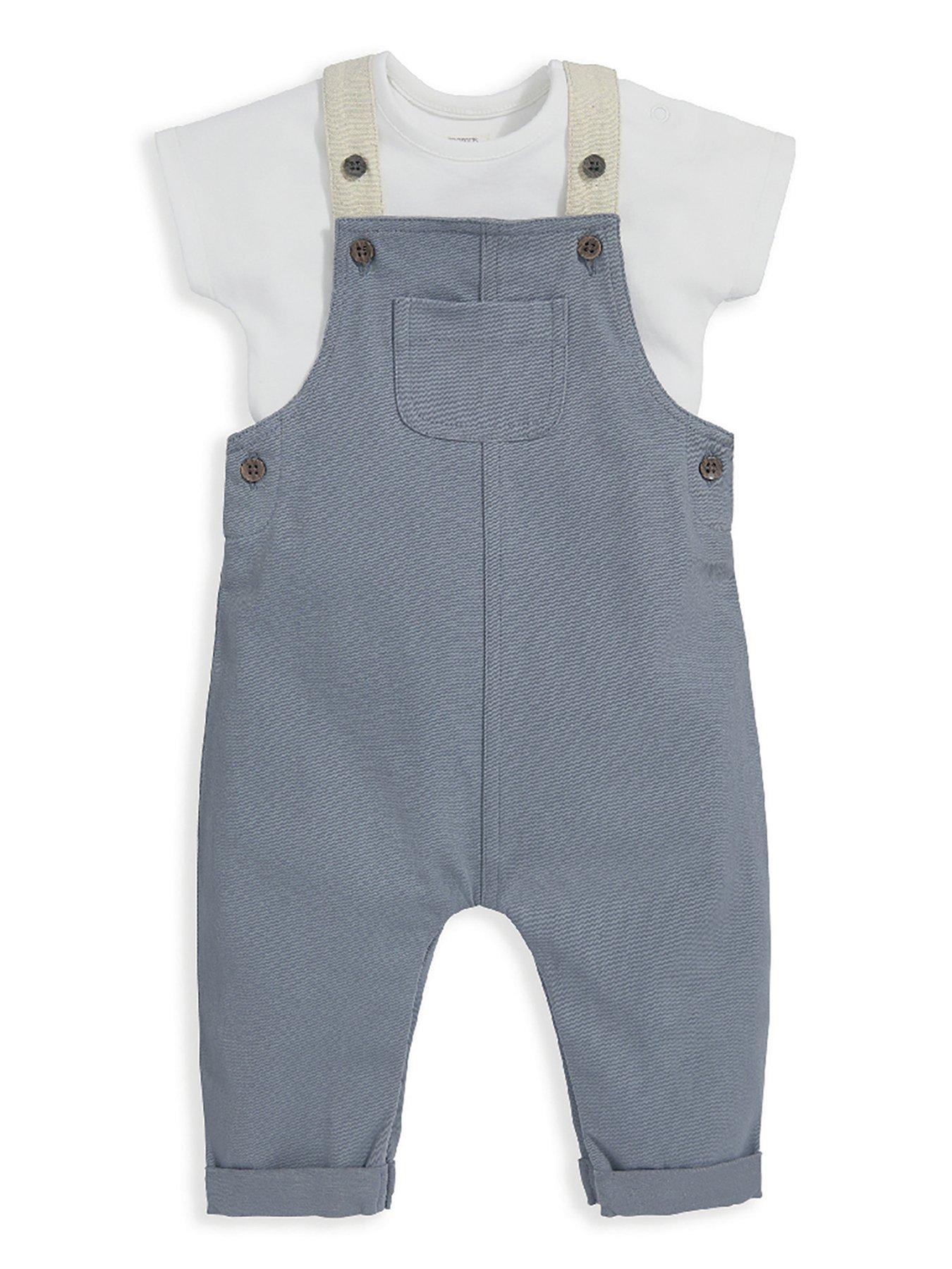 Image 1 of 6 of Mamas & Papas Baby Boys 2 Piece Blue Dungaree Set - Blue