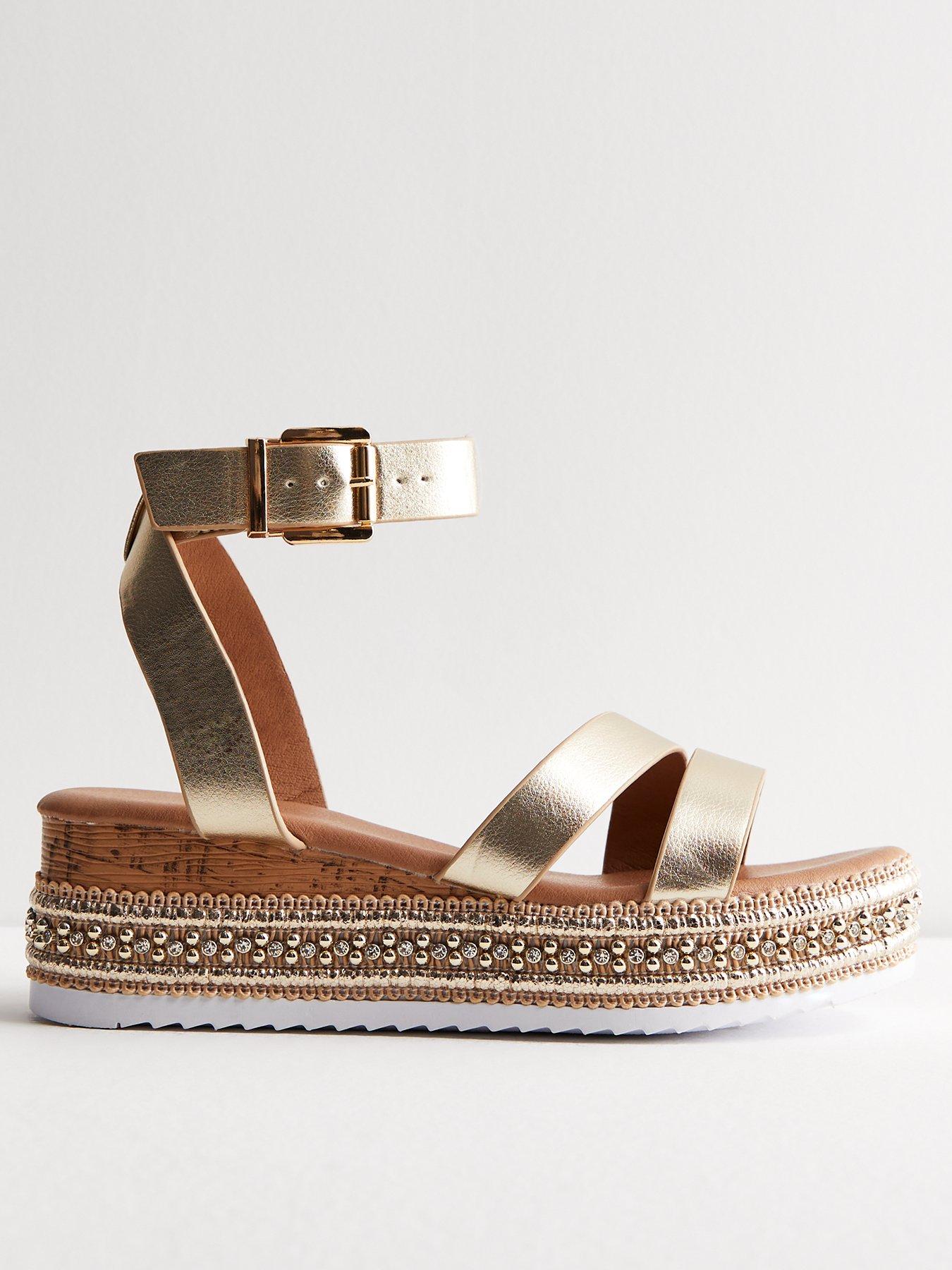 New Look Gold Leather look Embellished Flatform Sandals Very Ireland