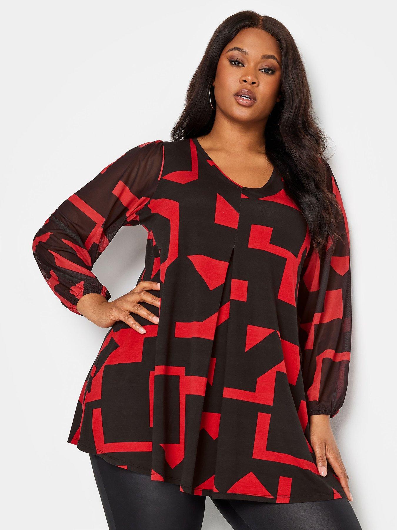 yours-curve-geometric-print-mesh-sleeve-pleated-swing-top-red