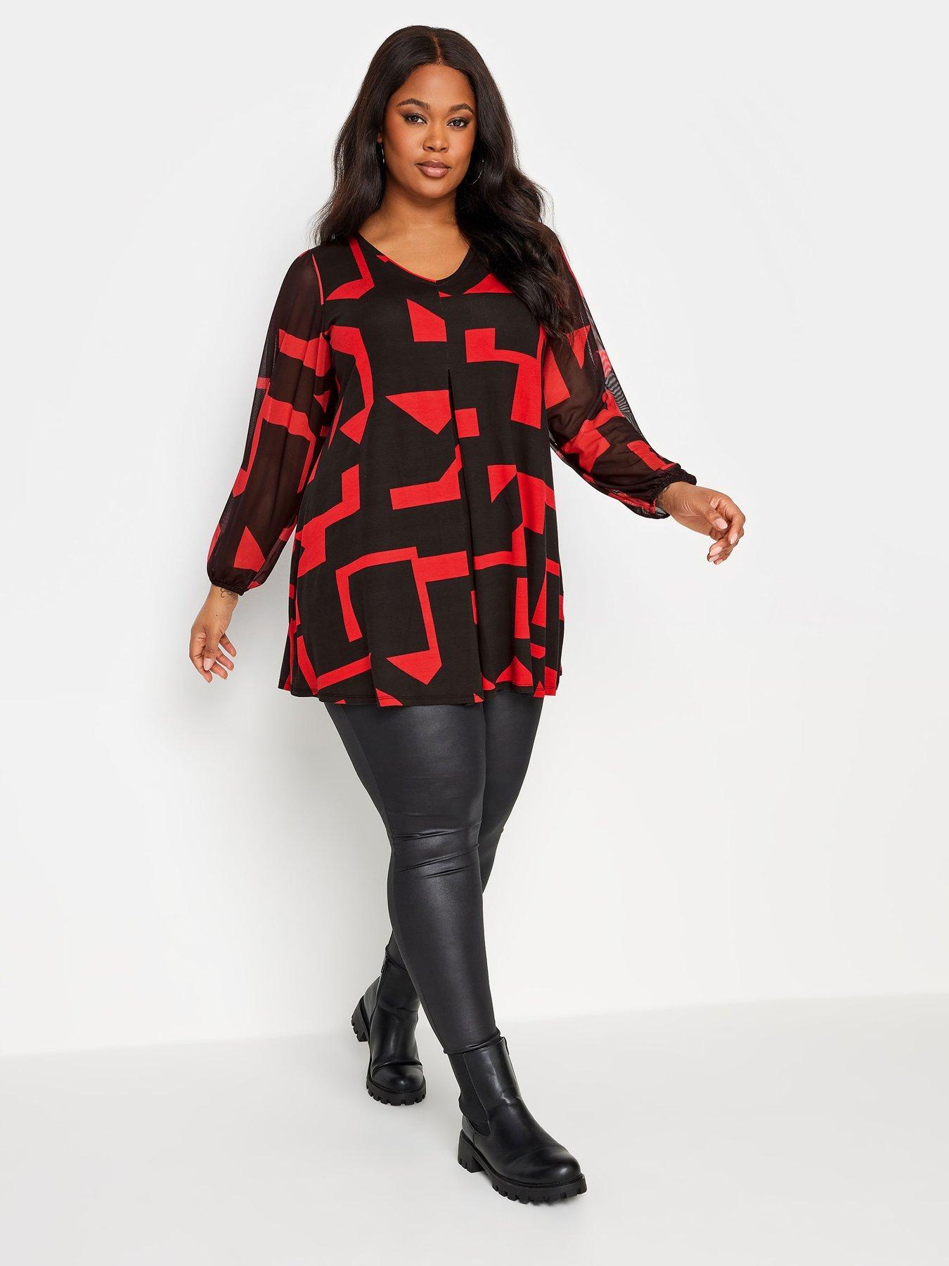 yours-curve-geometric-print-mesh-sleeve-pleated-swing-top-redback