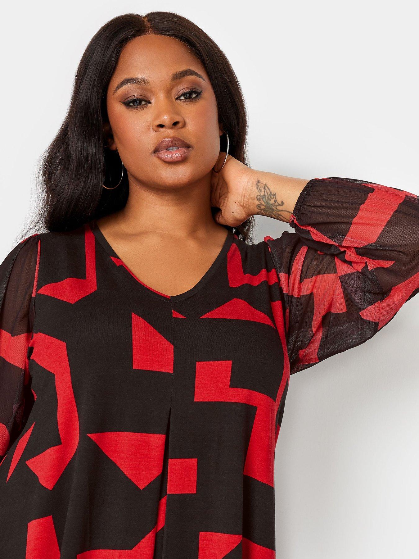 yours-curve-geometric-print-mesh-sleeve-pleated-swing-top-redoutfit