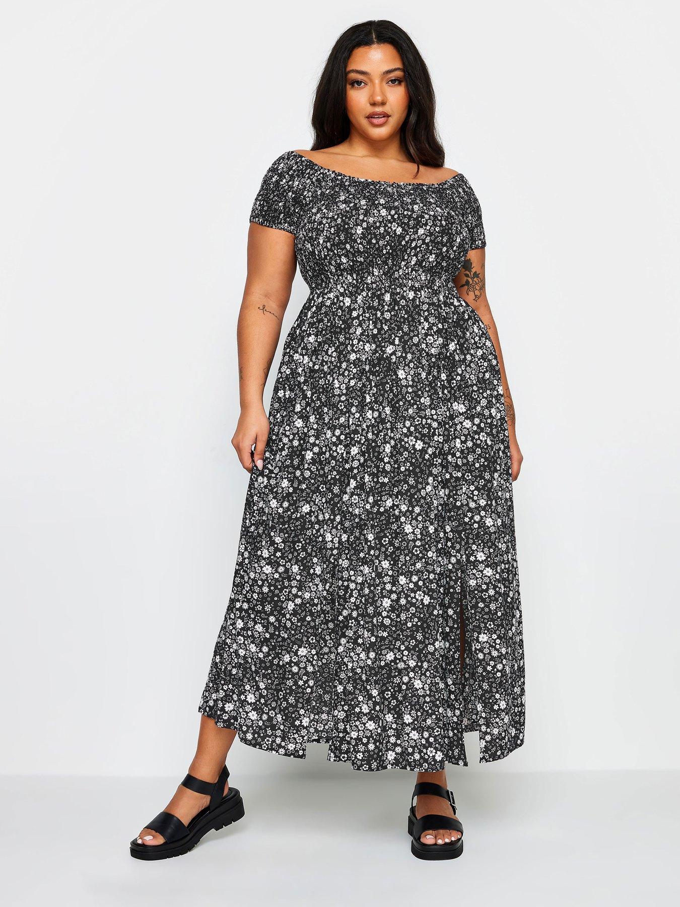 yours-curve-shirred-mono-ditsy-bardot-maxi-dress-blackfront