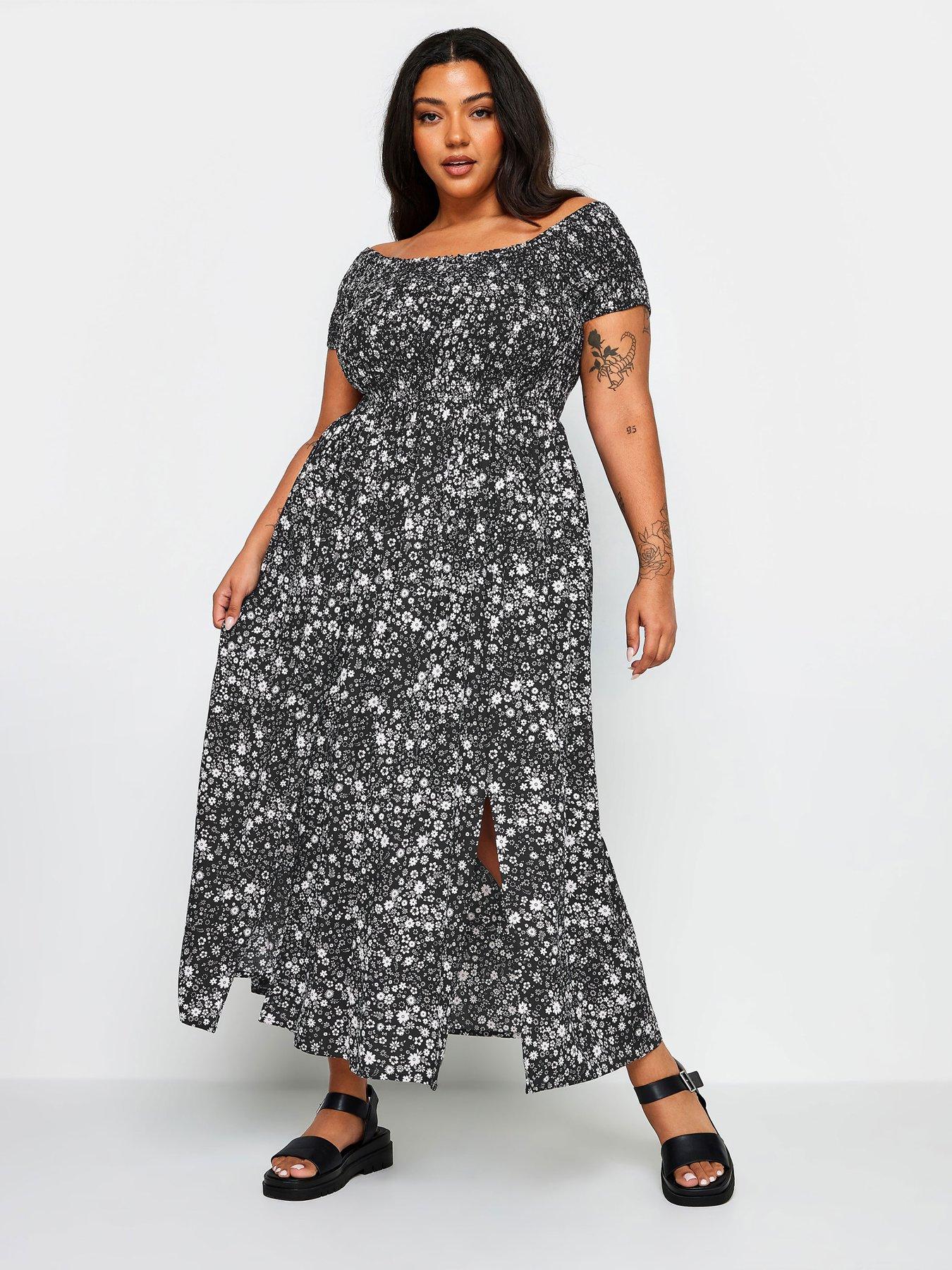 yours-curve-shirred-mono-ditsy-bardot-maxi-dress-blackback