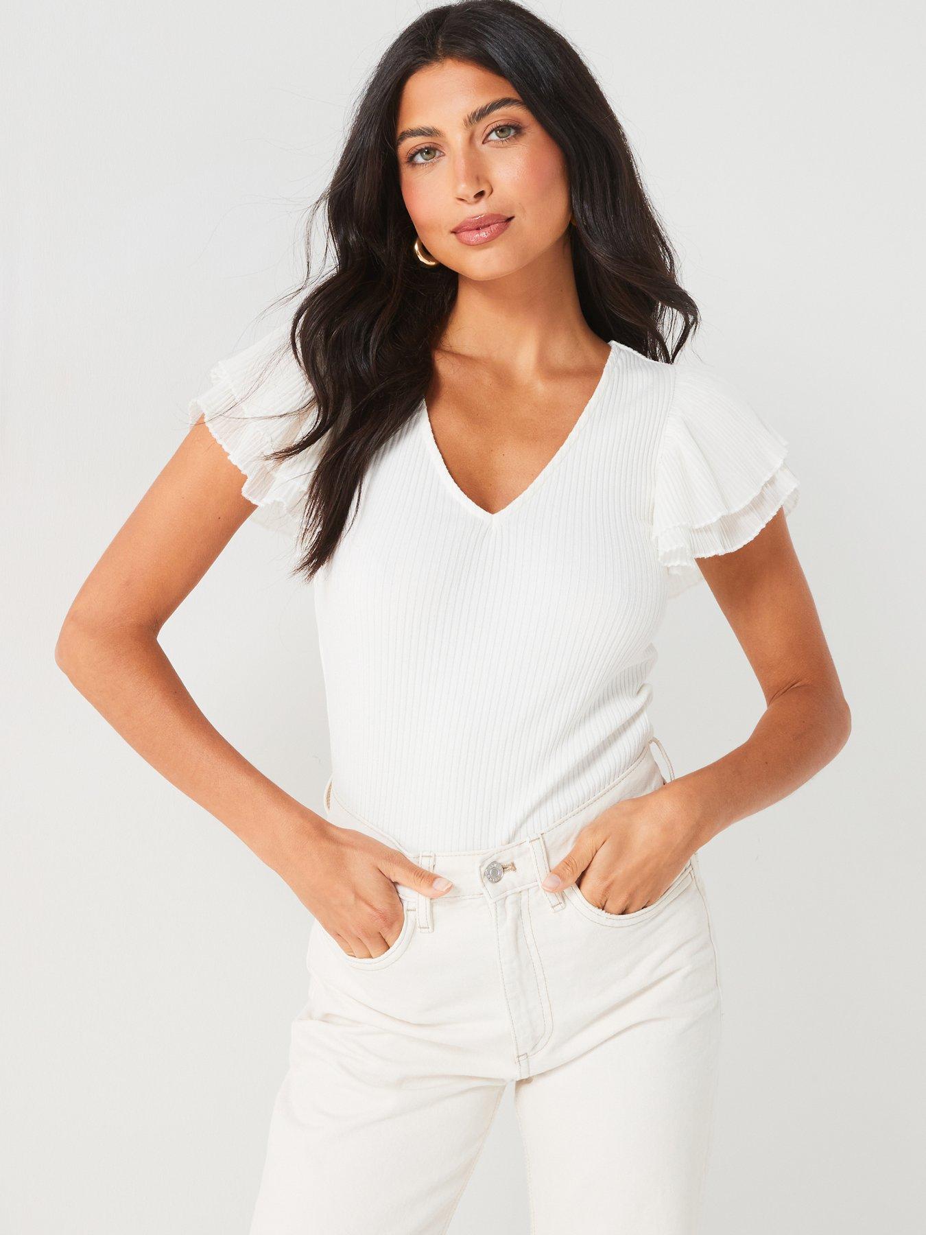 Image 1 of 5 of V by Very Ribbed Frill Top - Cream