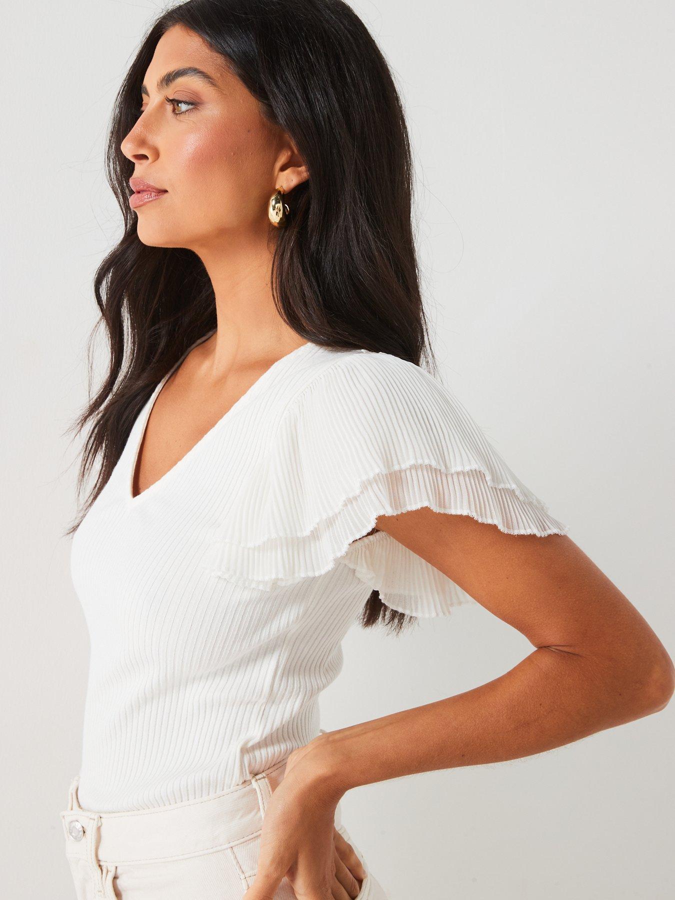 Image 4 of 5 of V by Very Ribbed Frill Top - Cream