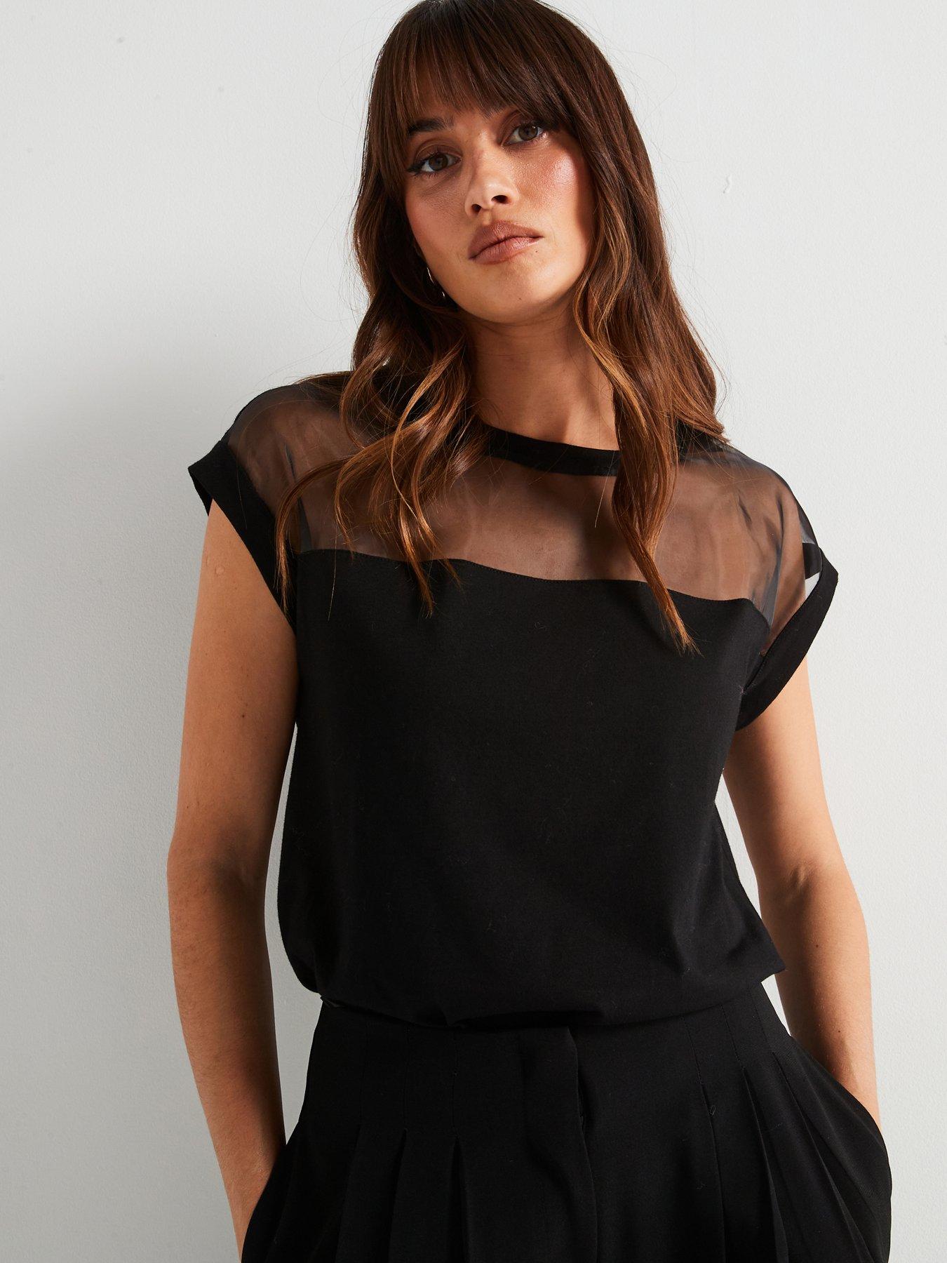 v-by-very-grown-on-sleeve-organza-top-blackfront