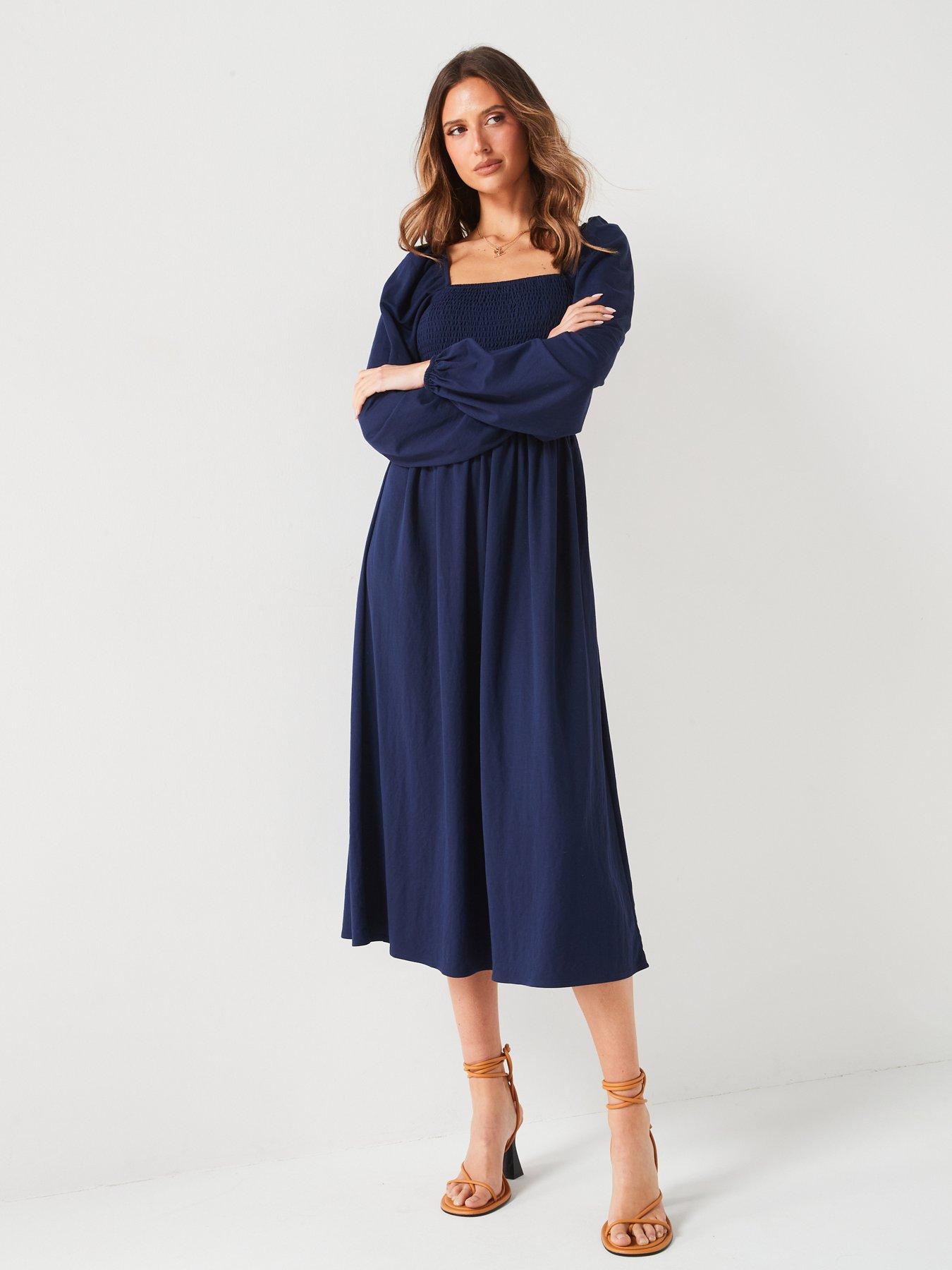 v-by-very-shirred-long-sleeve-midi-dress-navy