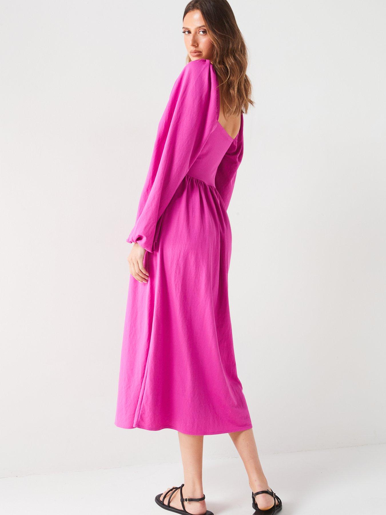 v-by-very-shirred-long-sleeve-midinbspdress-pinkstillFront