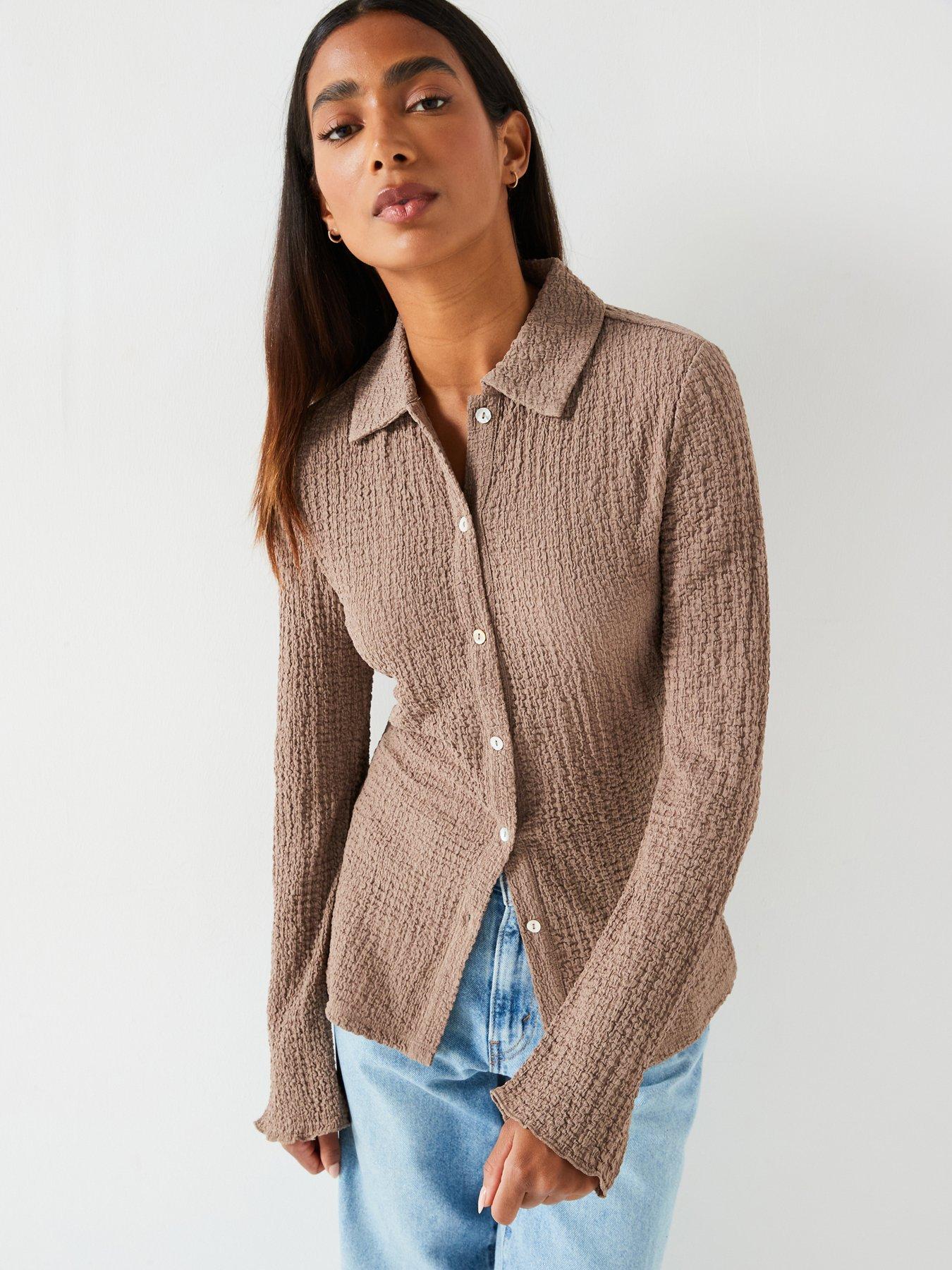 v-by-very-button-through-long-sleeve-top-brown