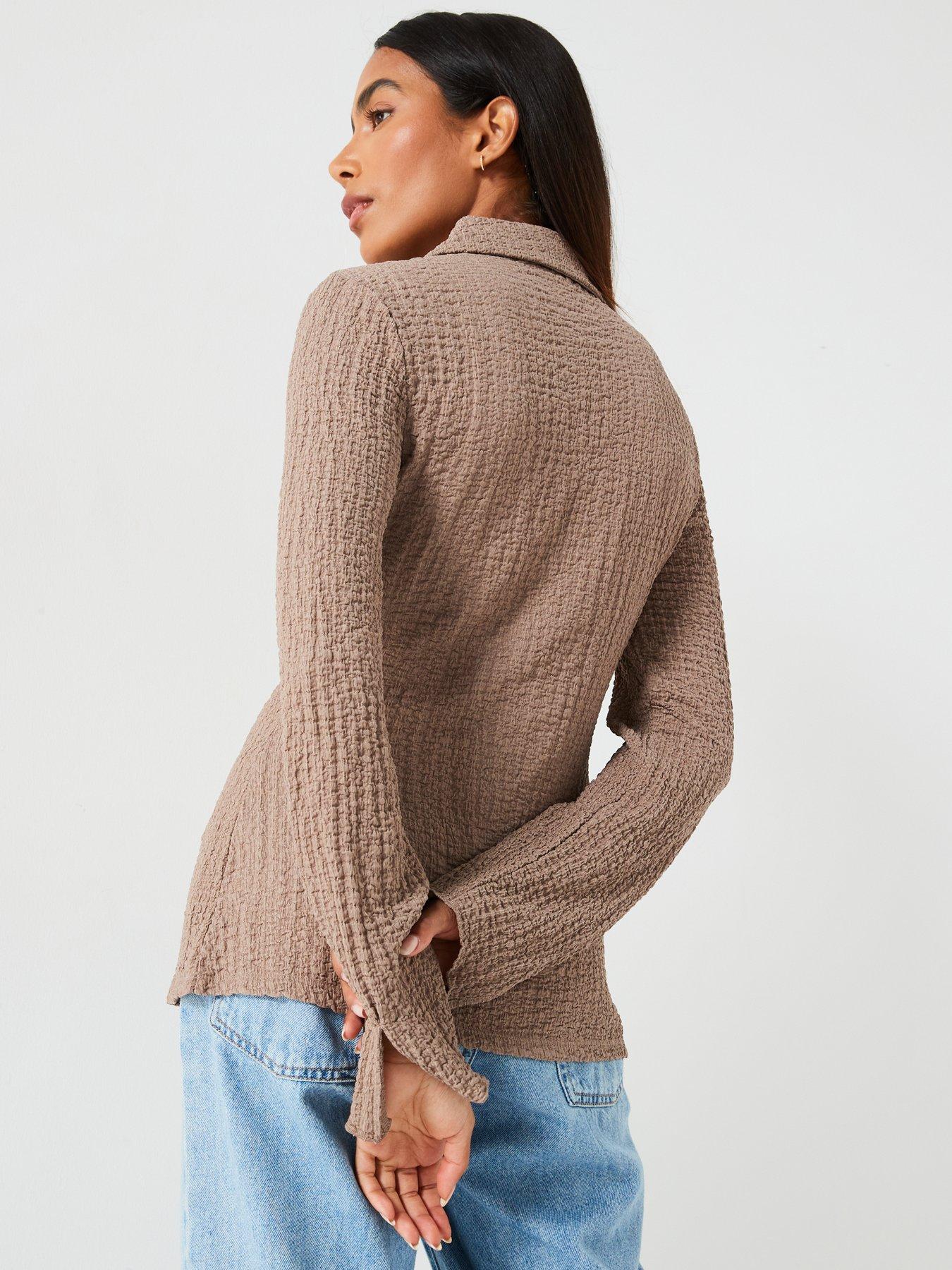 v-by-very-button-through-long-sleeve-top-brownstillFront