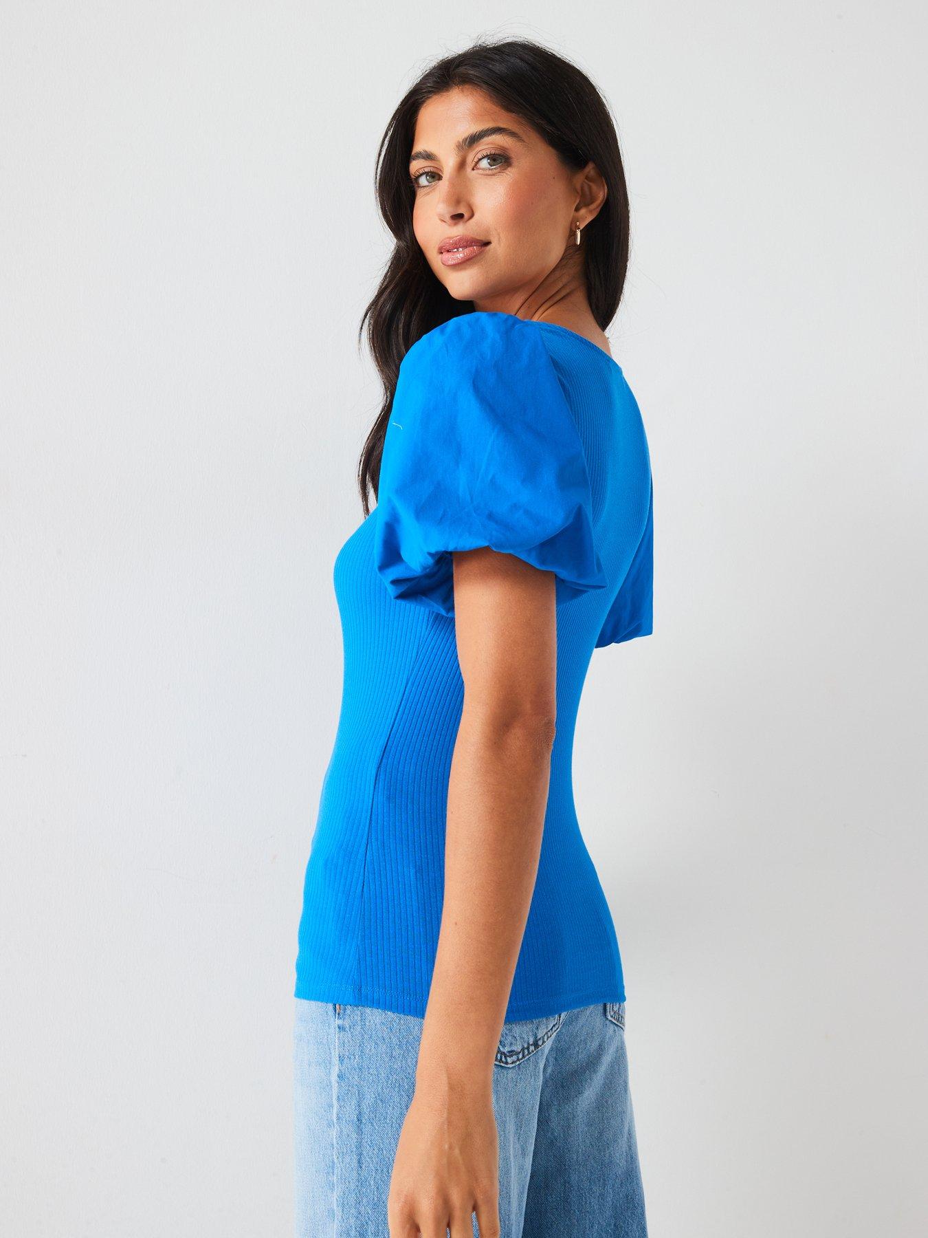 v-by-very-puff-sleeve-top-bluestillFront