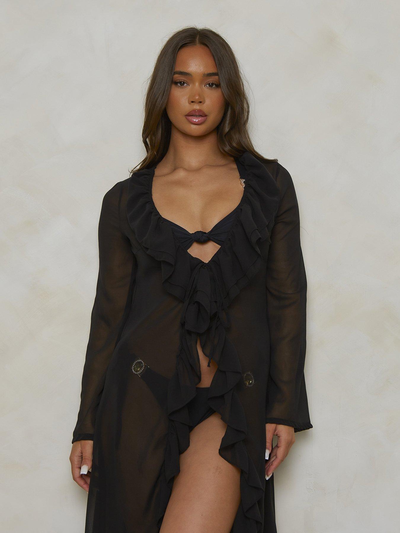Image 1 of 4 of Moda Minx Ruffle Maxi Kimono - Black