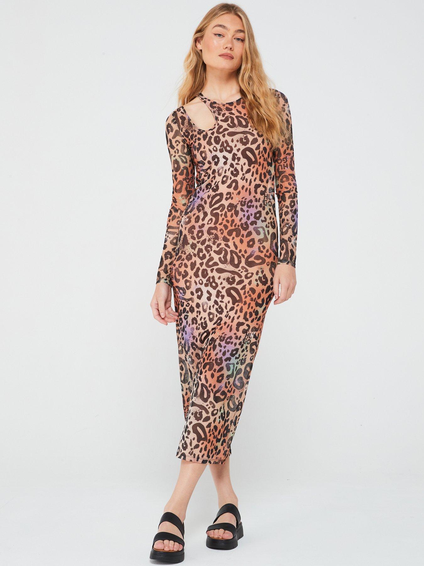 HUGO Nalusia Cut Out Long Sleeve Leopard Print Dress - Multi