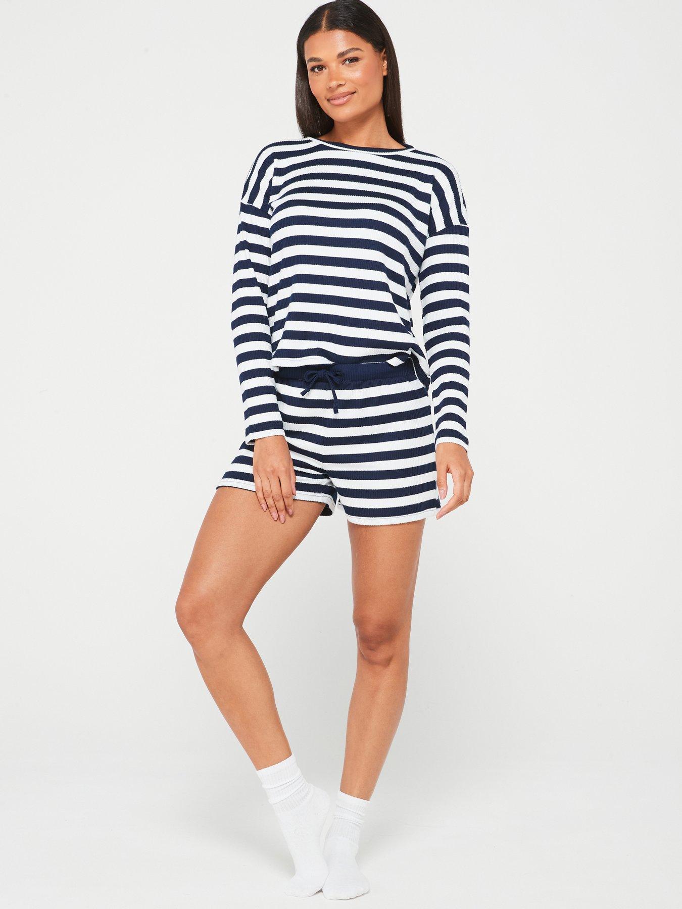 v-by-very-long-sleeve-top-and-shorts-stripe-pj-set-navywhite