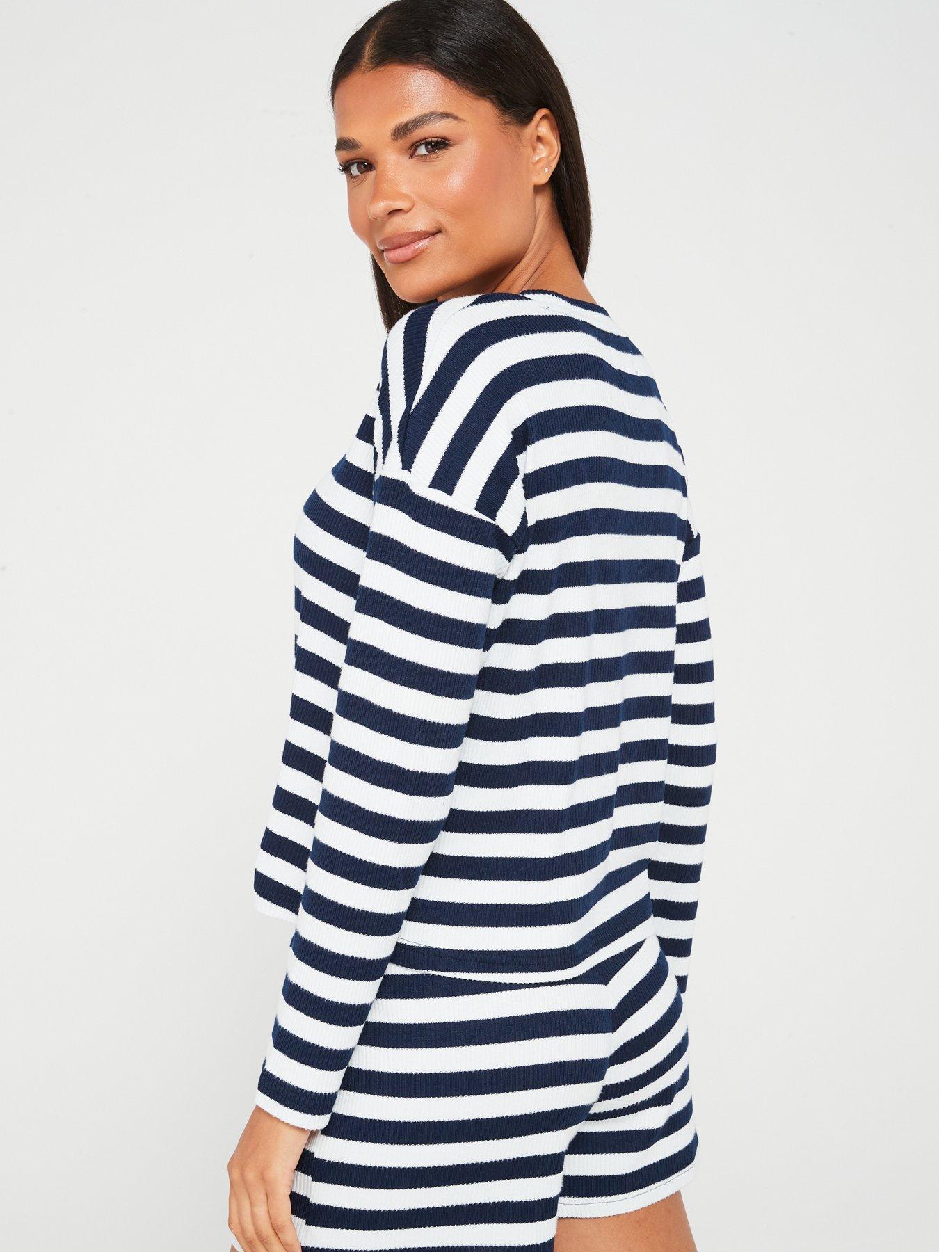 v-by-very-long-sleeve-top-and-shorts-stripe-pj-set-navywhitestillFront