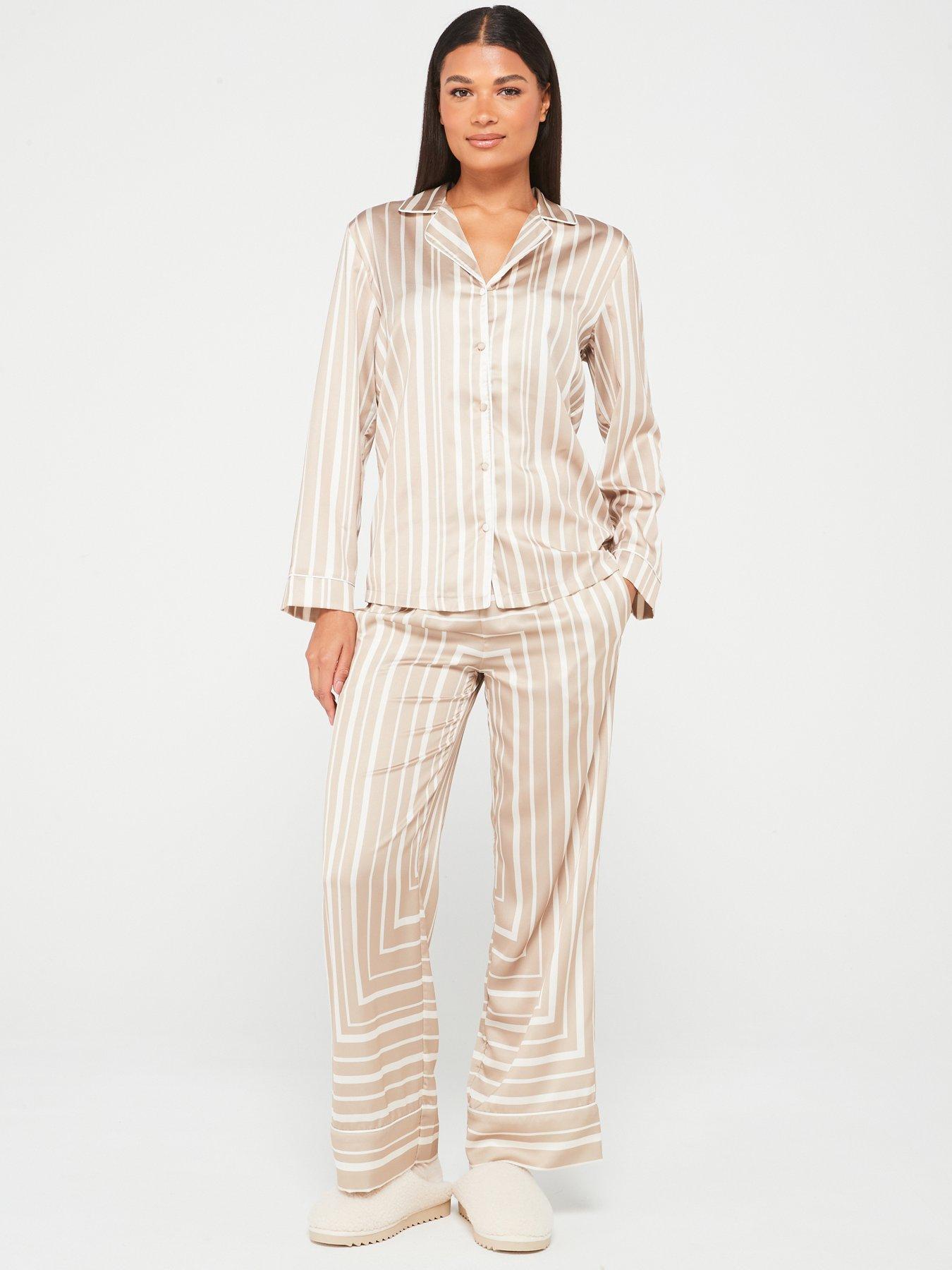 Placement Stripe Long Sleeve Revere Pj Set Beige